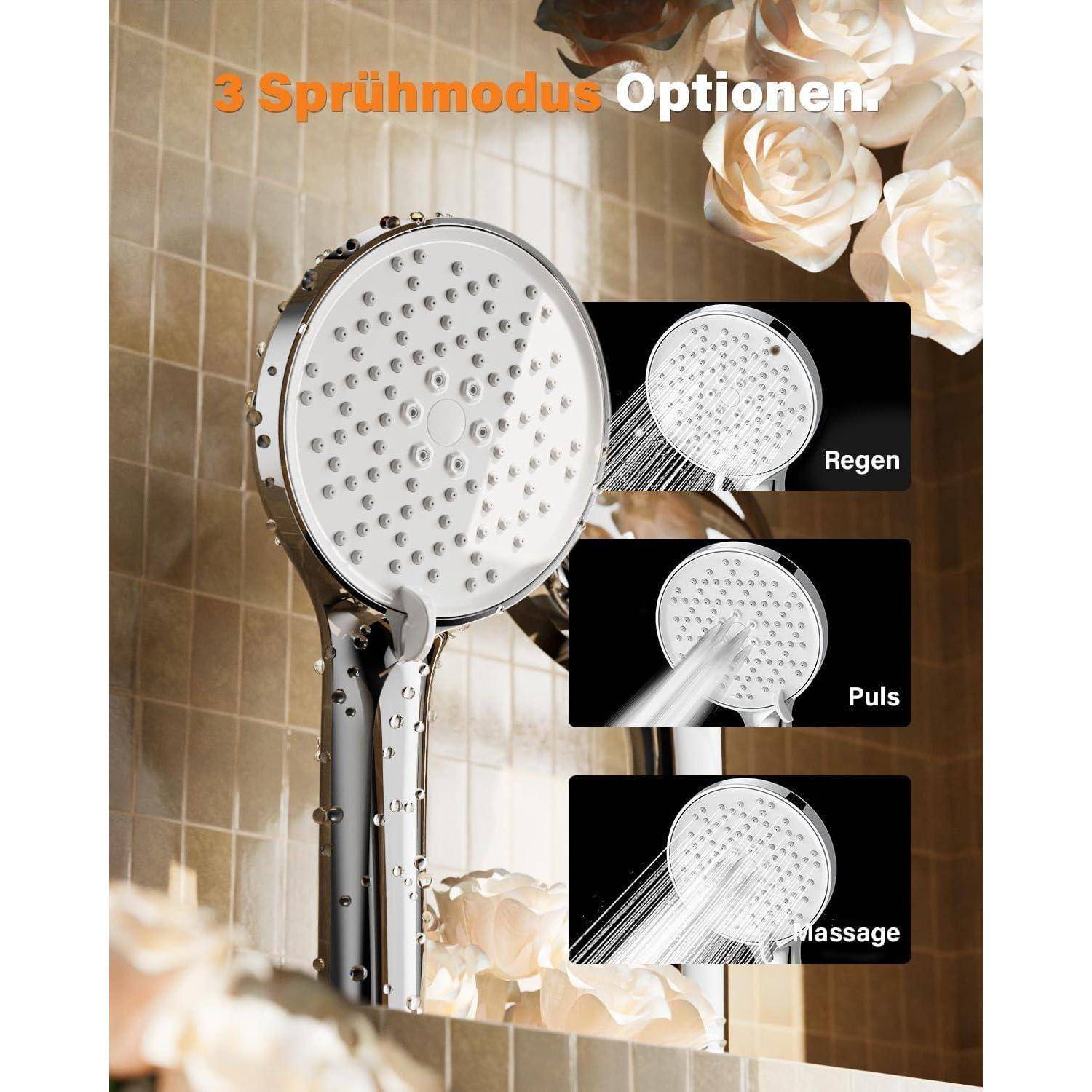 Duschkopf mit '3 Sprühmodus-Optionen': Drei Modi werden angezeigt, darunter 'Regen', 'Puls' und 'Massage', mit Rosen im Hintergrund.