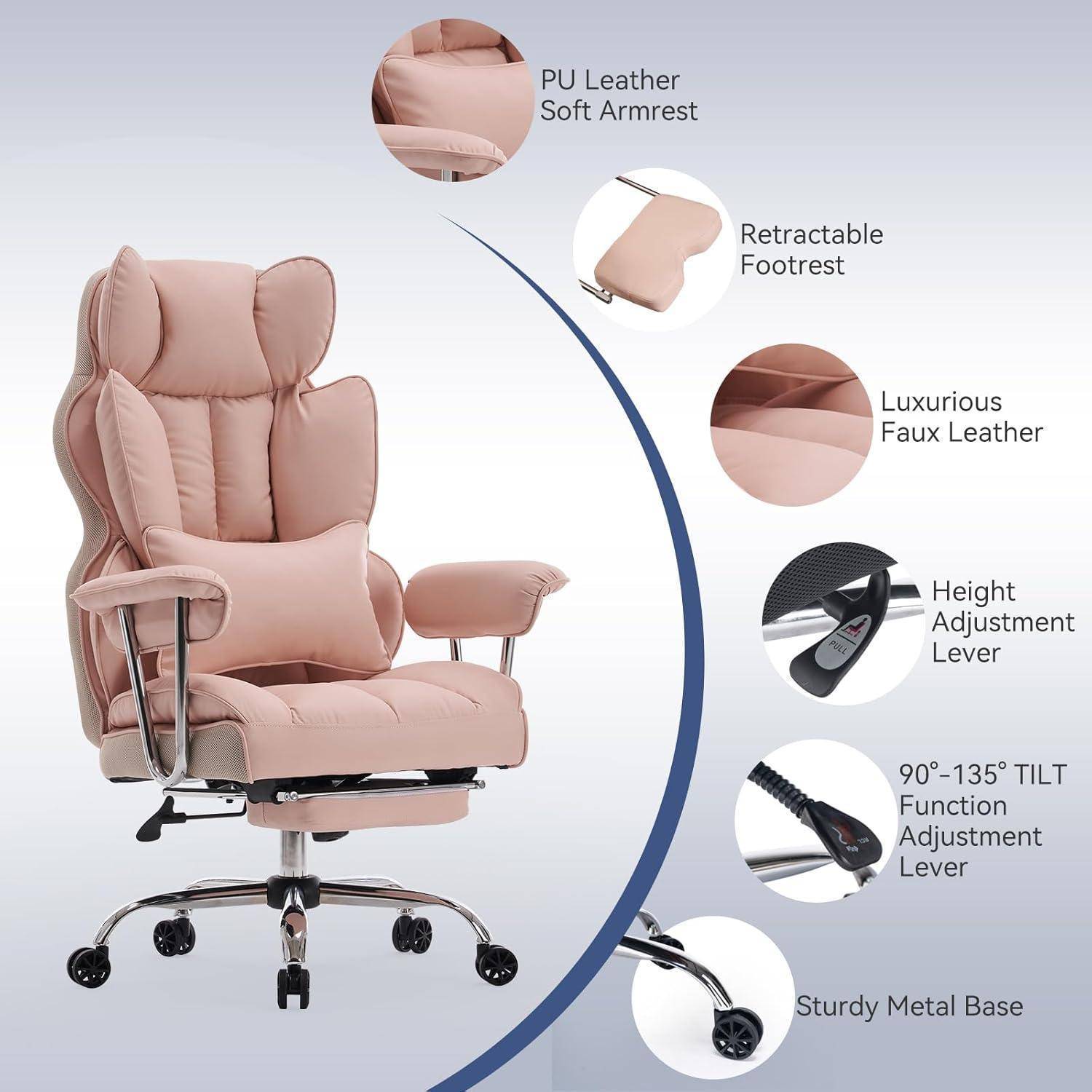 Rosa ergonomischer Bürostuhl mit Kopfstütze, Armlehnen, Fußablage und Neigungsfunktion. Highlights sind weiches PU-Leder und eine robuste Metallbasis.