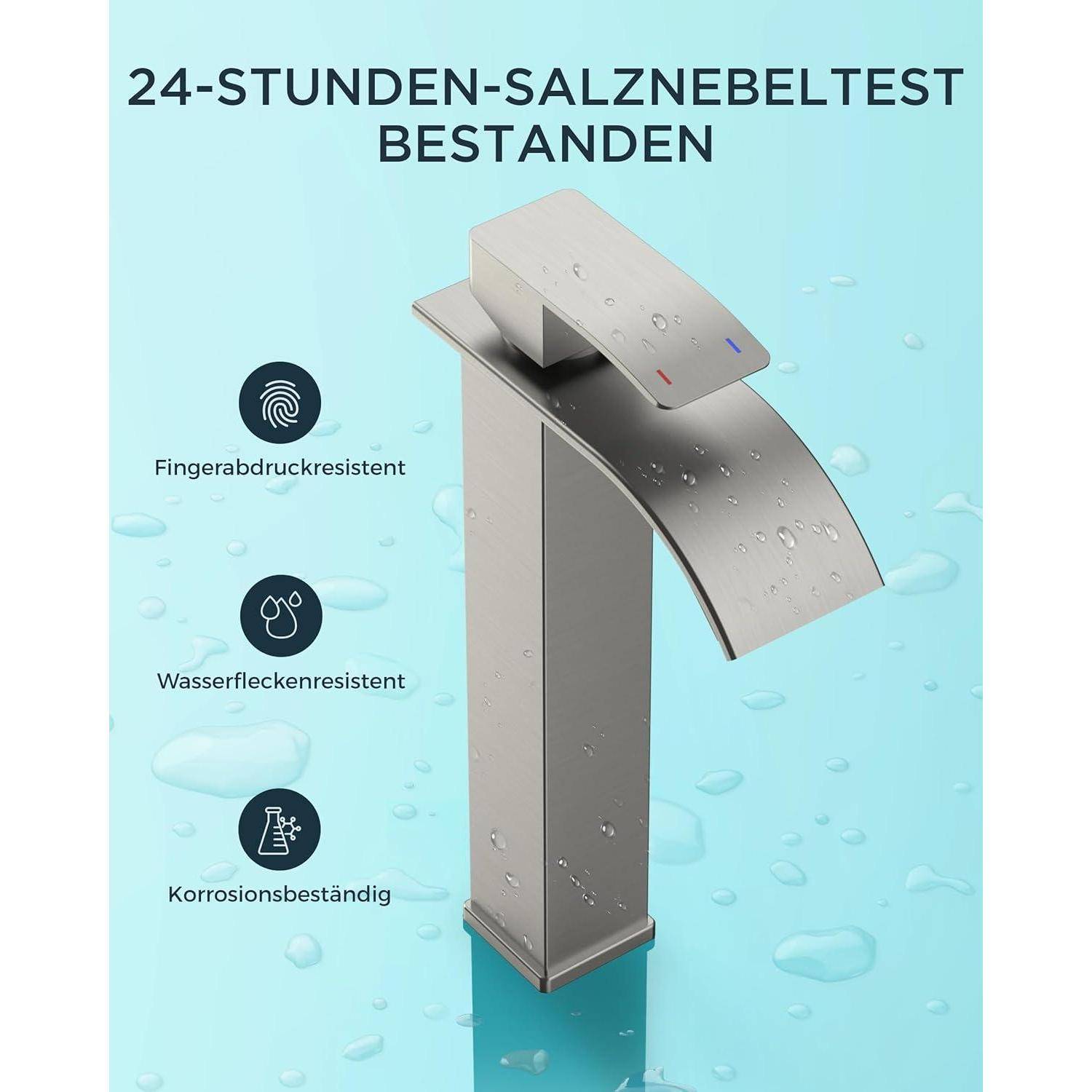 Eine elegante, moderne Armatur mit dem Text: '24-Stunden-Salznebeltest bestanden', die ihre Fingerabdruckresistenz, Wasserfleckenresistenz und Korrosionsbeständigkeit hervorhebt.
