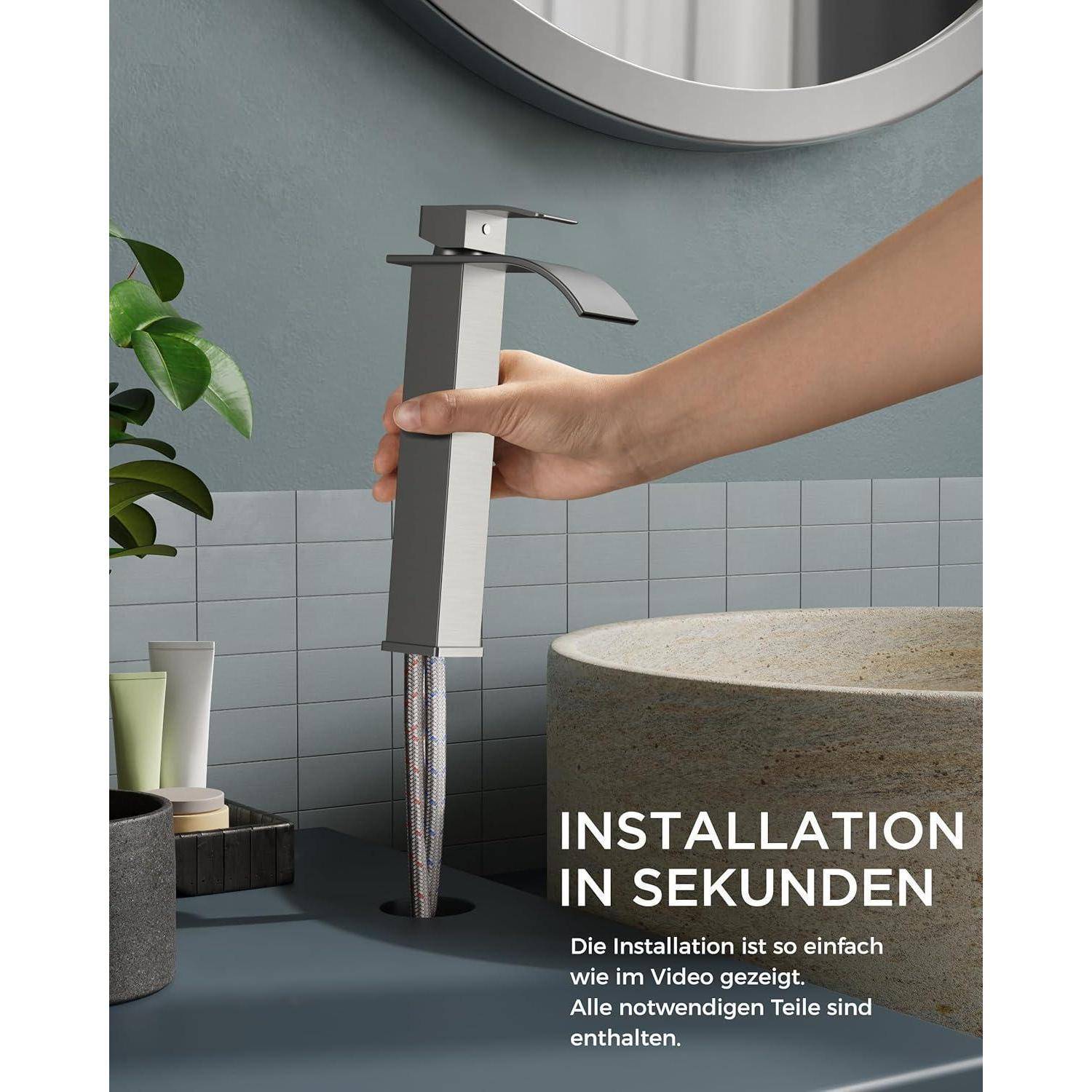 Eine Hand installiert einen eleganten Wasserhahn in einem modernen Badezimmer und veranschaulicht die Leichtigkeit der Installation, während der Text 