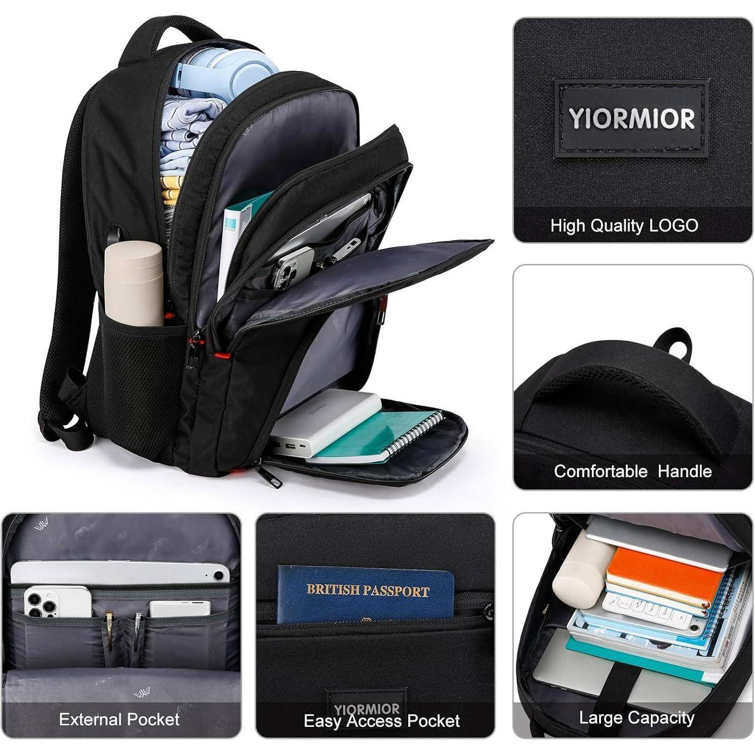 Rucksack mit geöffneten Fächern, der eine organisierte Aufbewahrung für Laptop, Tablet, Notizbücher und Geräte zeigt. Merkmale umfassen Außentasche, leicht zugängliche Tasche, bequemen Griff, großes Fassungsvermögen und hochwertiges Logo.