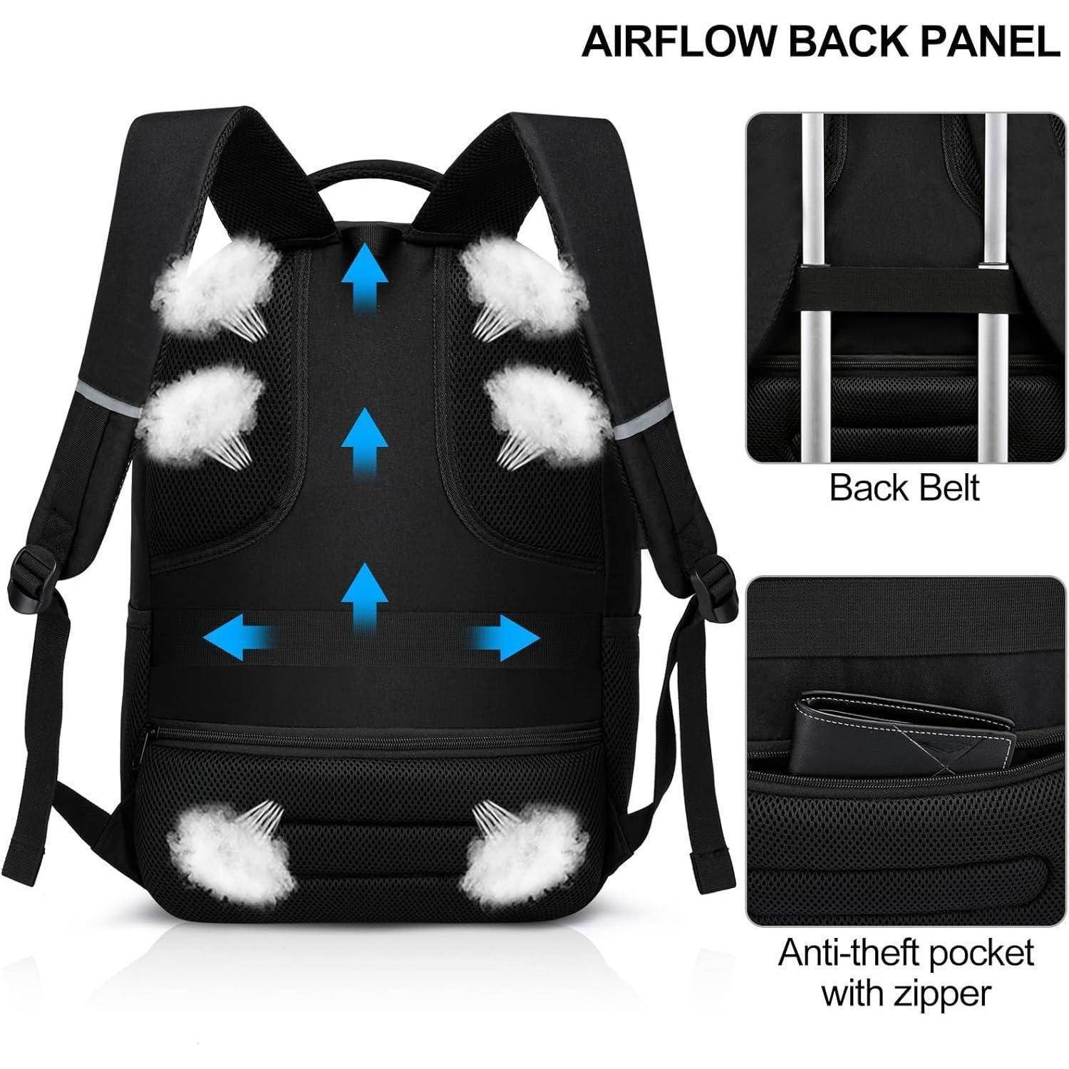 Schwarzer Rucksack mit 'Airflow Back Panel' Schriftzug, der Pfeile und Netzeinlagen zur Belüftung zeigt. Einschübe detaillieren einen Rückengurt und eine diebstahlsichere Tasche mit Reißverschluss.