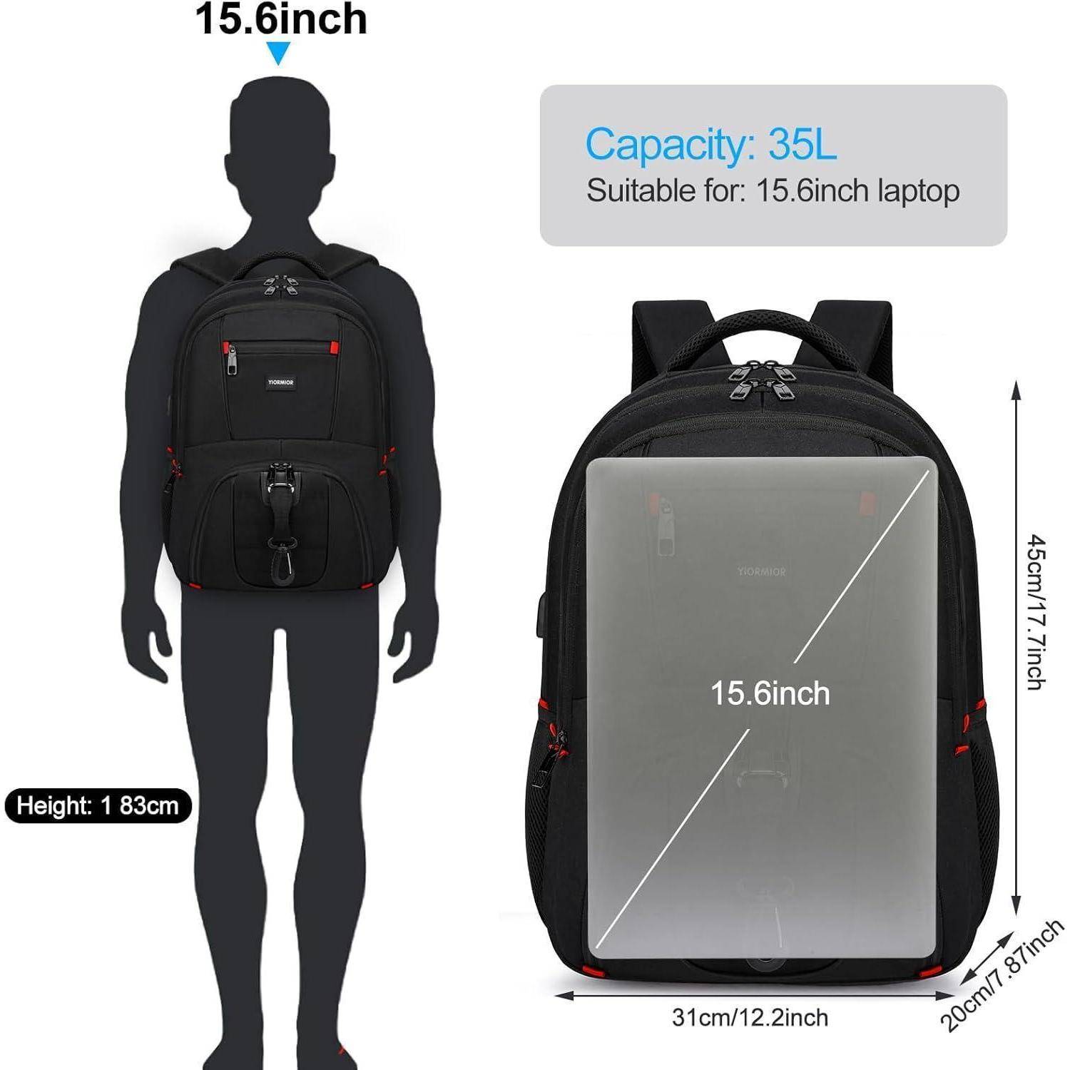 Ein Rucksack, geeignet für ein Laptop mit 15,6 Zoll, mit einem Fassungsvermögen von 35 Litern. Abmessungen: 45 cm x 31 cm x 20 cm. Höhe der Silhouette: 1,83 m.