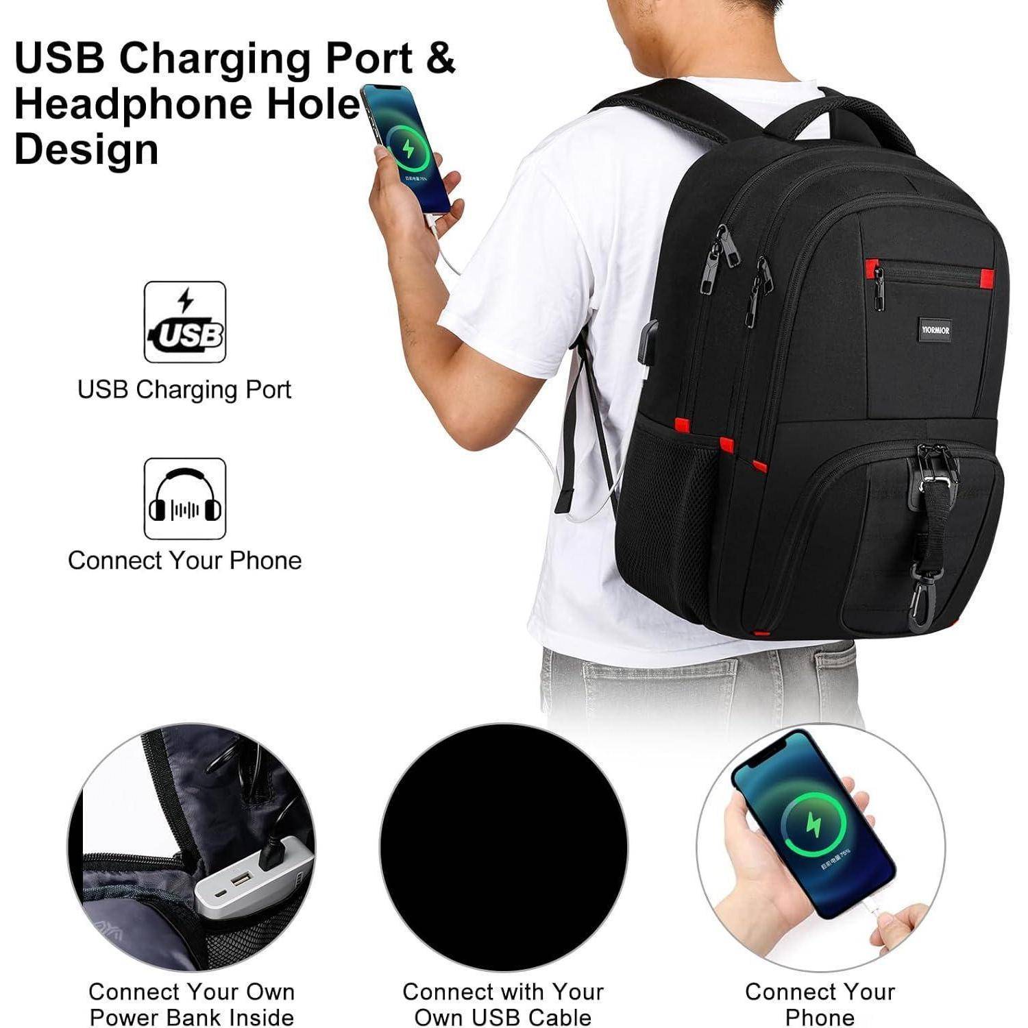 Mann mit Rucksack, der einen USB-Ladeanschluss und ein Kopfhörerloch aufweist; Insets zeigen ladendes Smartphone und Verbindungsdetails.