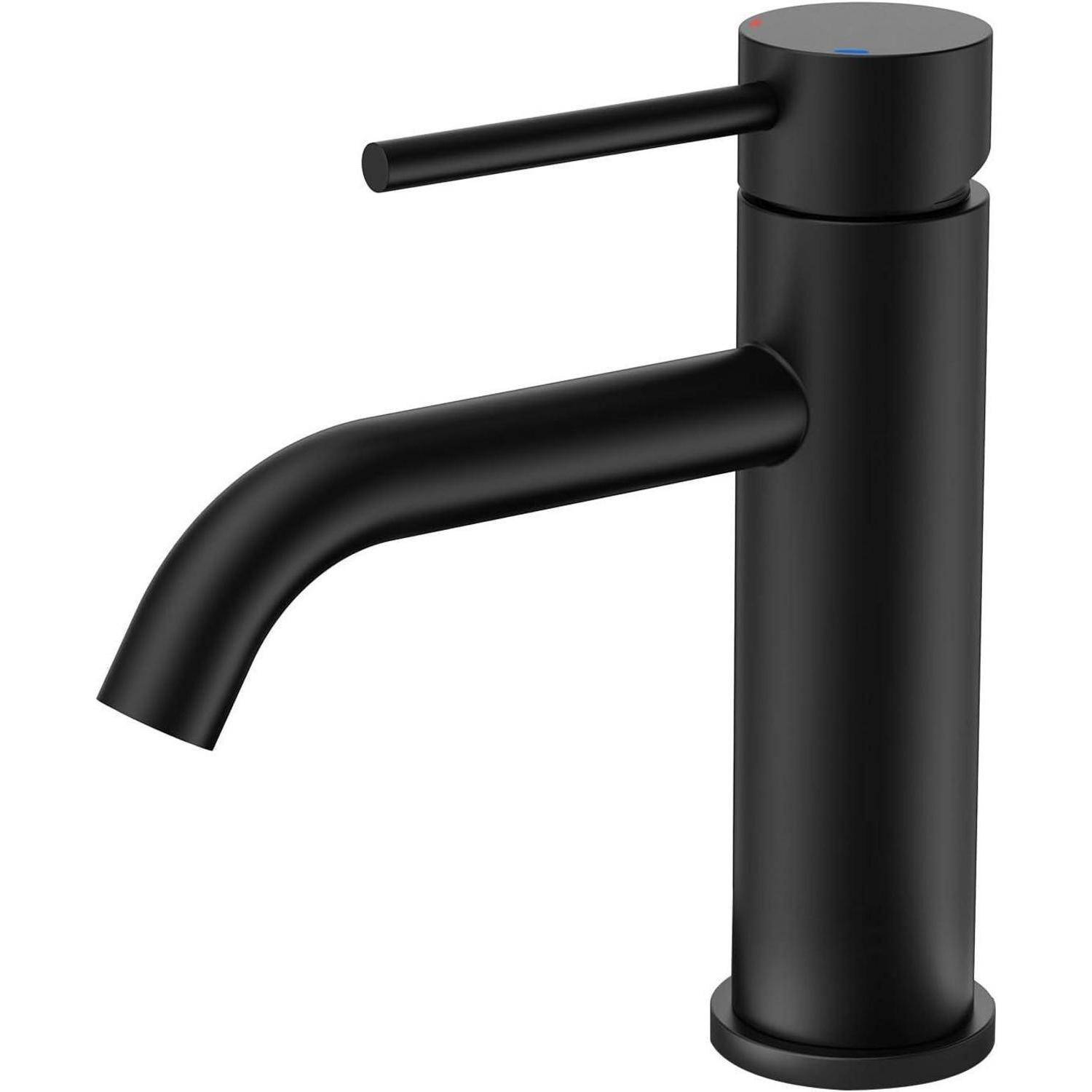 Ein schlanker, moderner schwarzer Wasserhahn mit einer zylindrischen Basis und einem einzelnen Hebel, konzipiert für Badezimmer- oder Küchenwaschbecken.