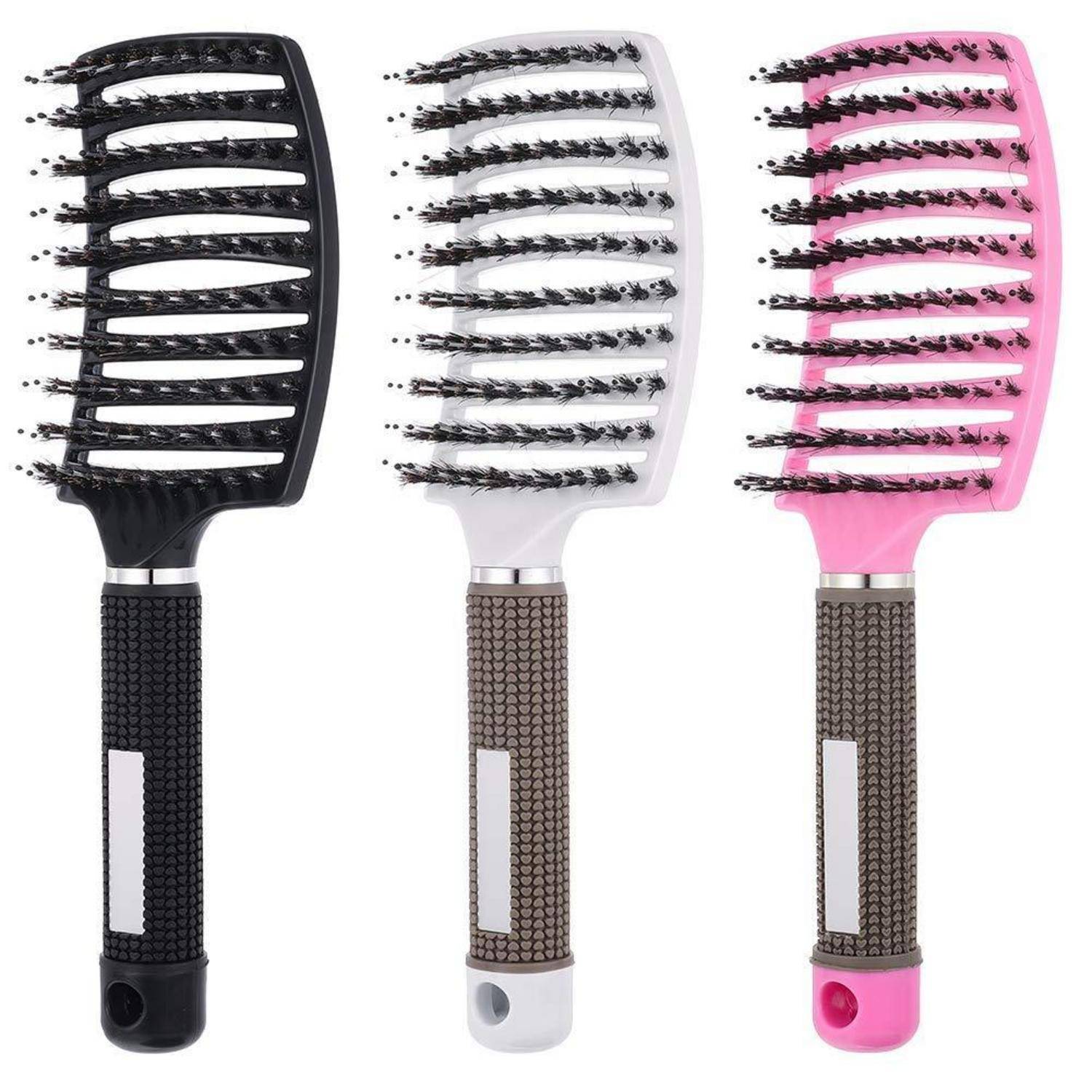 Drei belüftete Haarbursten mit gebogenen Borsten in Schwarz, Weiß und Rosa, aufrecht stehend, entwickelt für verbesserten Luftstrom und Styling.