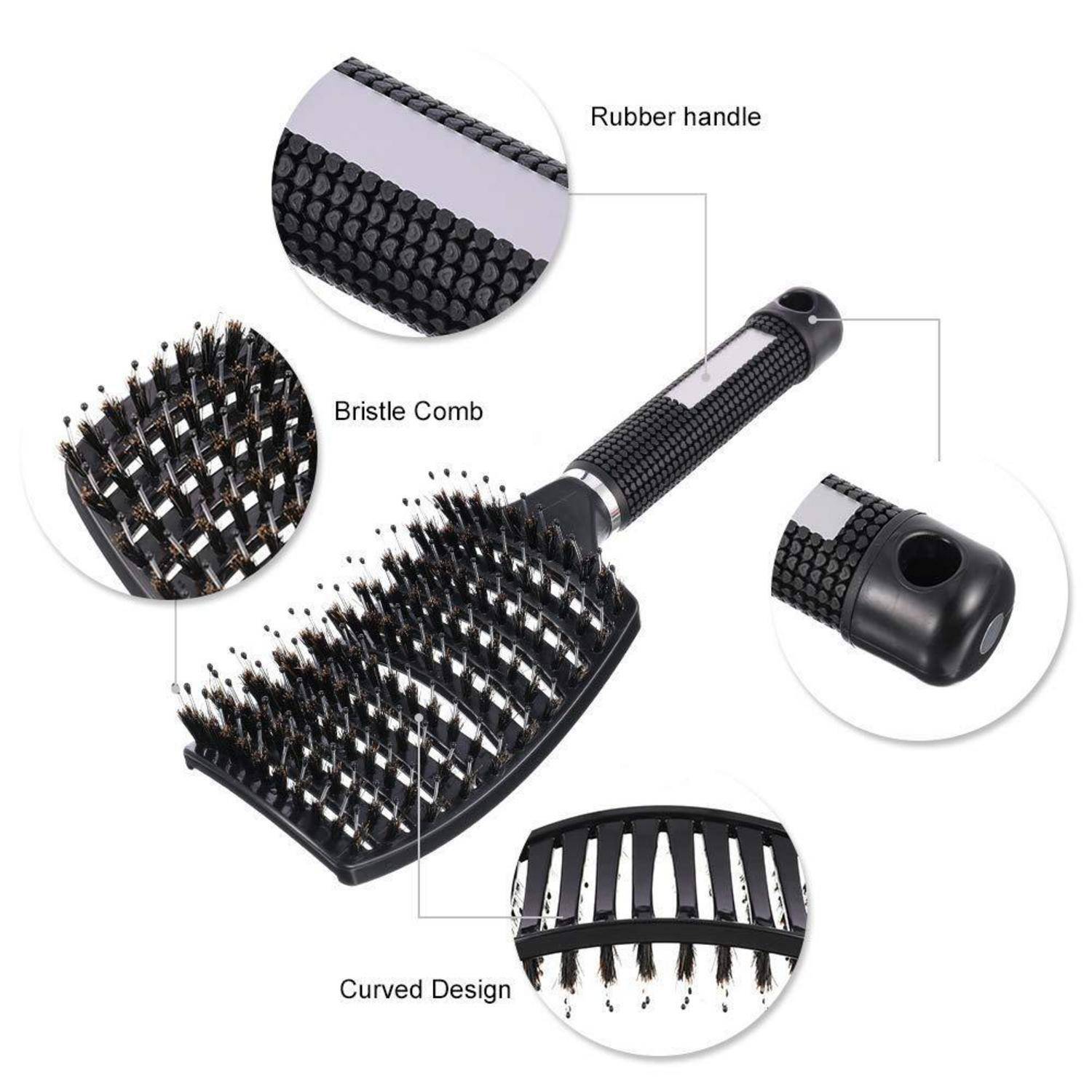 Ein schwarzer Haarbrush mit gummiertem Griff, Borstenkamm und geschwungenen Designelementen, dargestellt in drei Nahaufnahmen, die jeden Teil hervorheben.