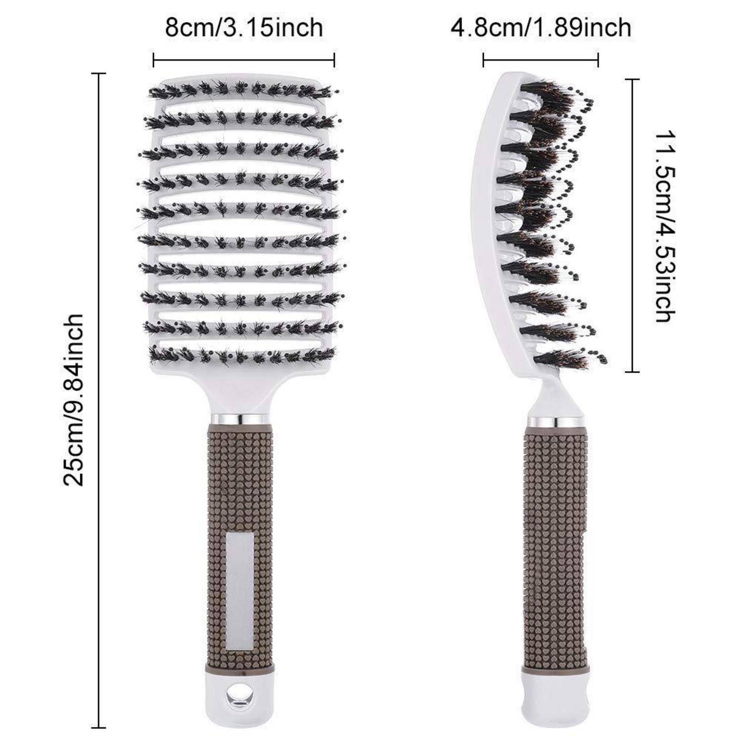 Zwei Haarbrushes werden mit Maßen dargestellt. Links: rechteckiger Pinsel, 25 cm Höhe, 8 cm Breite. Rechts: gekrümmter Pinsel, 11,5 cm Höhe, 4,8 cm Breite.