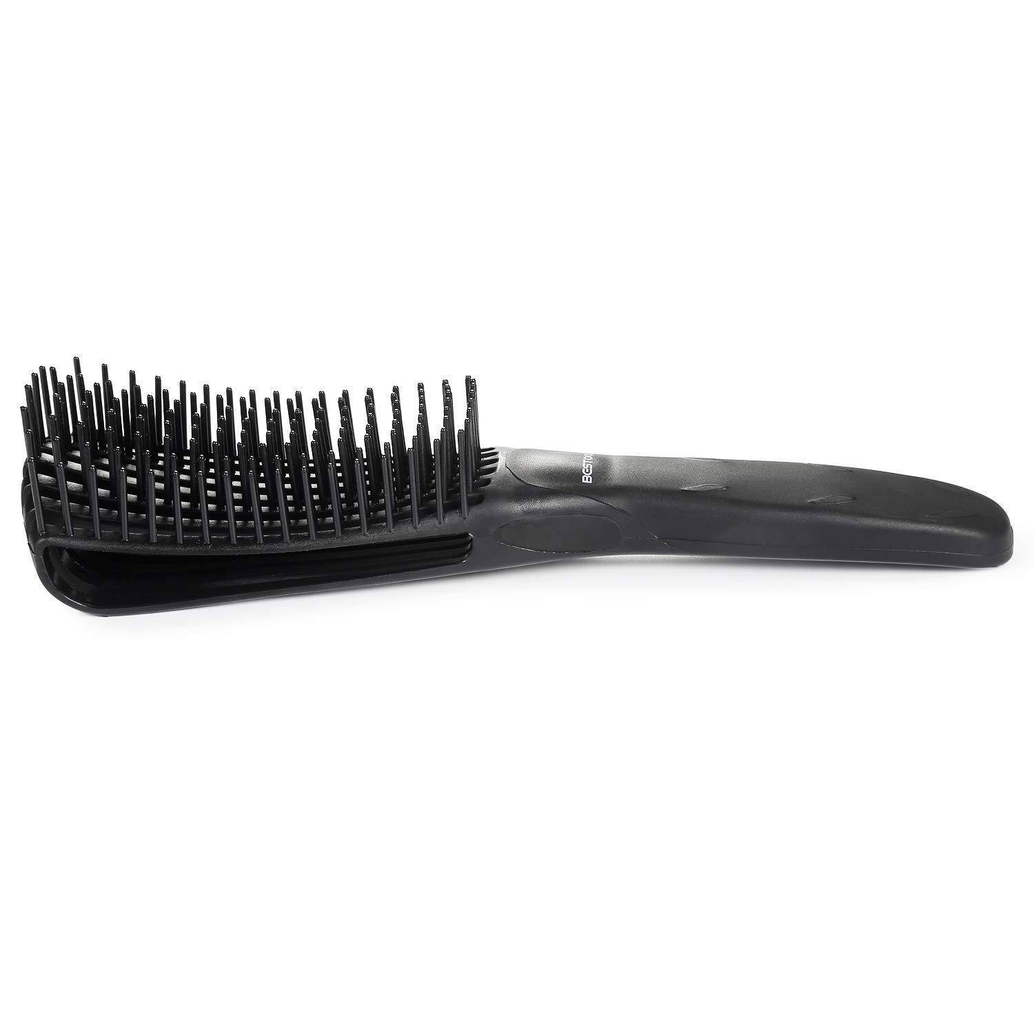 Eine schwarze Haarbrürste mit einem gebogenen Griff und getrennten Borsten, die speziell zum Entwirren von Haaren entwickelt wurde.