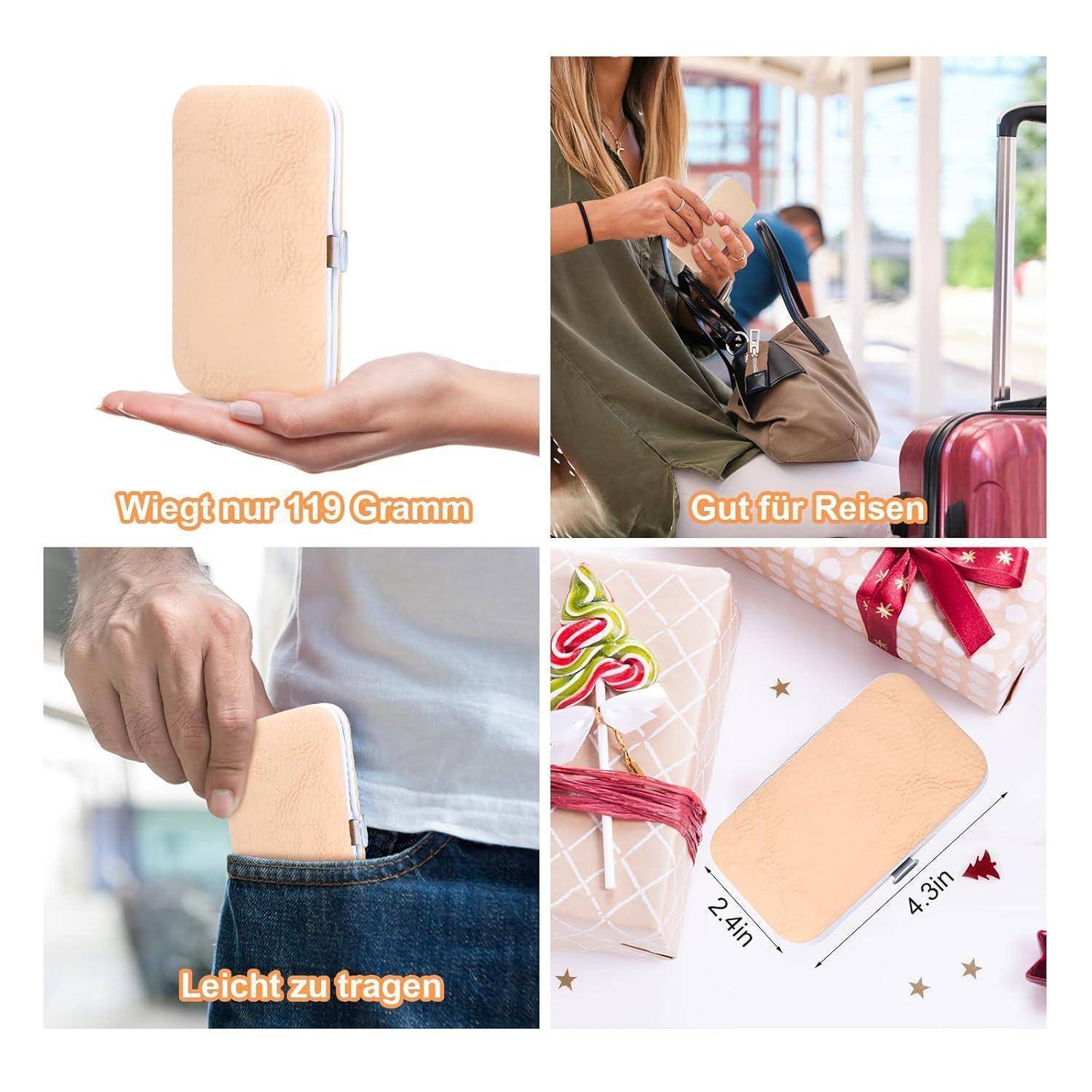 Powerbank, visuell hervorgehoben in vier Szenarien: in der Hand gehalten, in einen Koffer gelegt, in eine Tasche geschoben, mit Maßangaben dargestellt.