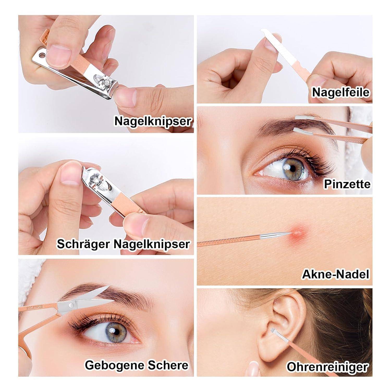 Collage von Maniküre- und Körperpflegewerkzeugen in Gebrauch, einschließlich Nagelknipser, Pinzetten, Akne-Nadel und mehr, die Pflege-Handlungen zeigen.