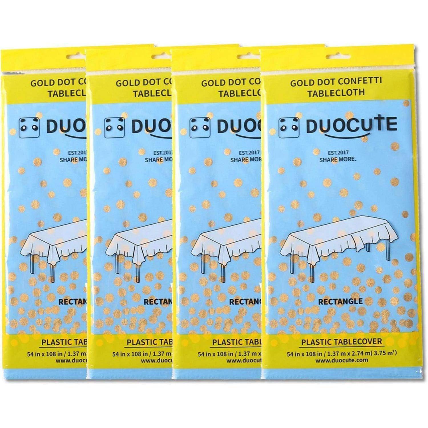 Goldpunkt-Konfetti-Tischdecke, rechteckig, Plastik-Tischdecke von DUOCUTE, 54 x 108 Zoll.' Verpackung zeigt Design mit Tisch und Konfetti.