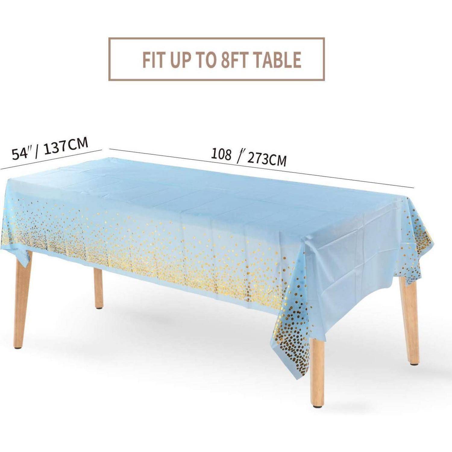 Ein blauer Tischdecke mit Goldakzenten passt auf Tische bis zu 8 Fuß. Abmessungen: 54 Zoll mal 108 Zoll.