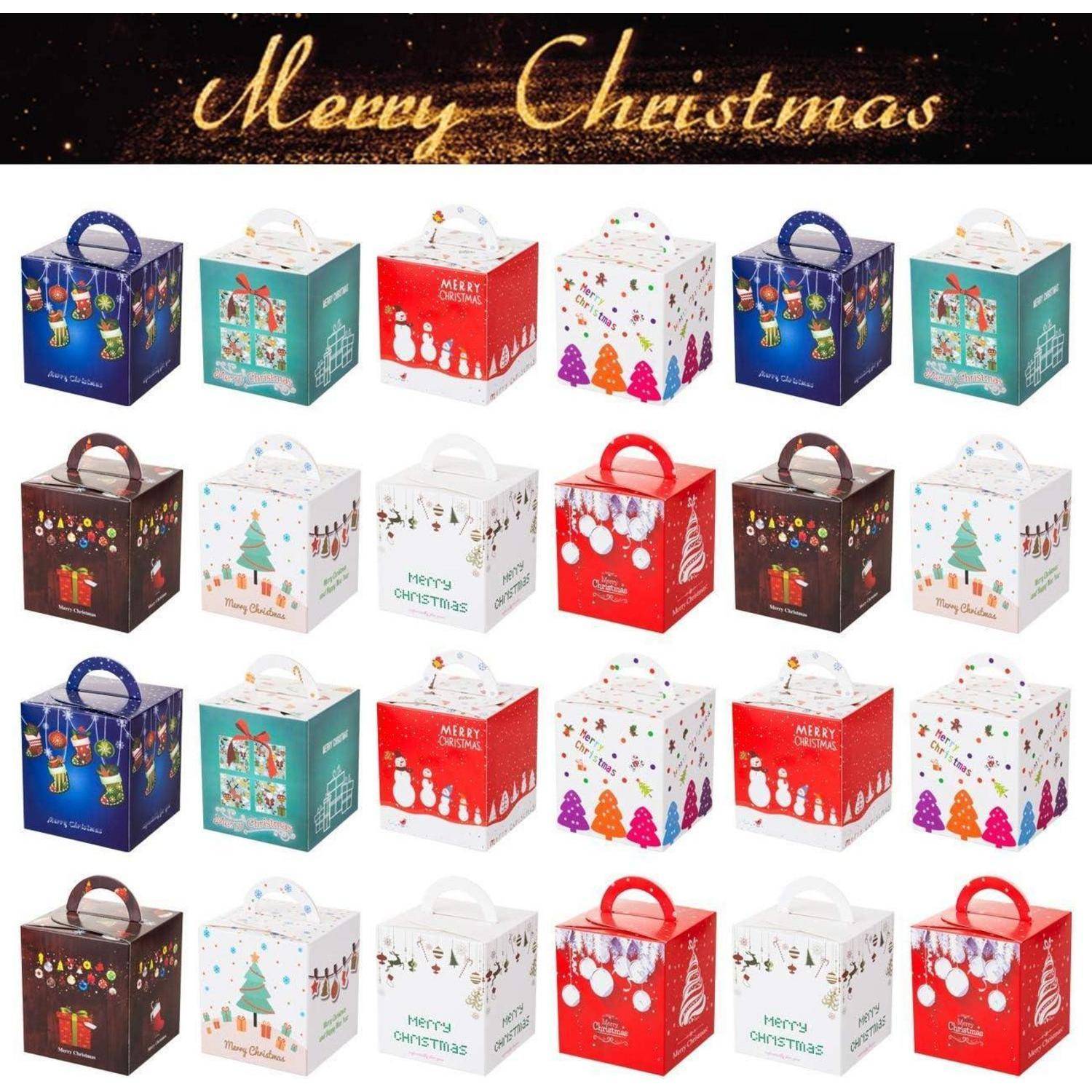 Zwanzig dekorative Geschenkboxen mit verschiedenen Weihnachtsdesigns und Farben in einem Raster angeordnet; Text darüber liest sich „Frohe Weihnachten.