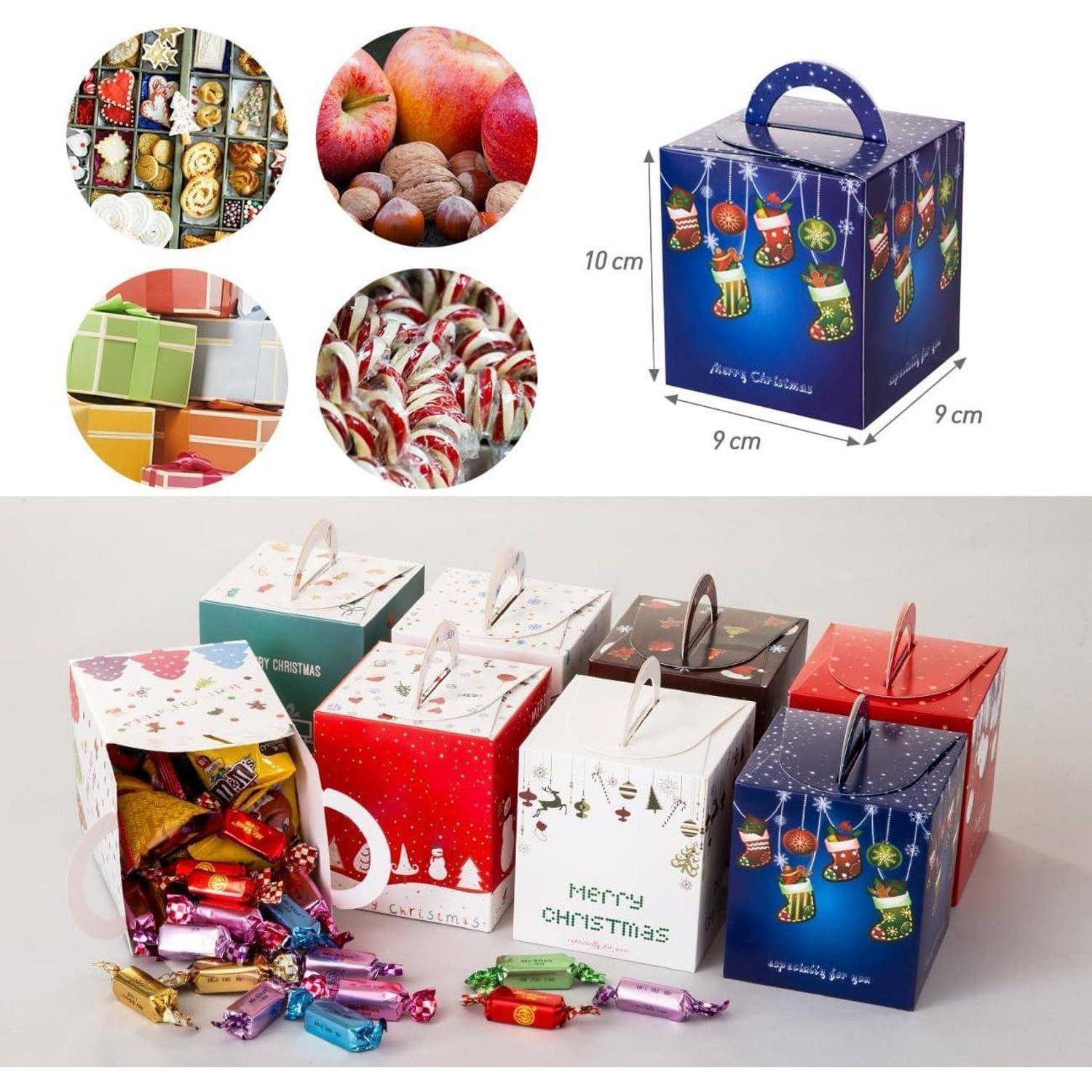 Bunte Weihnachts-Geschenkboxen, 10x9x9 cm, mit Griffen, zum Aufbewahren von Süßigkeiten und Leckereien. Die Boxen sind mit festlichen Designs und Grüßen verziert.