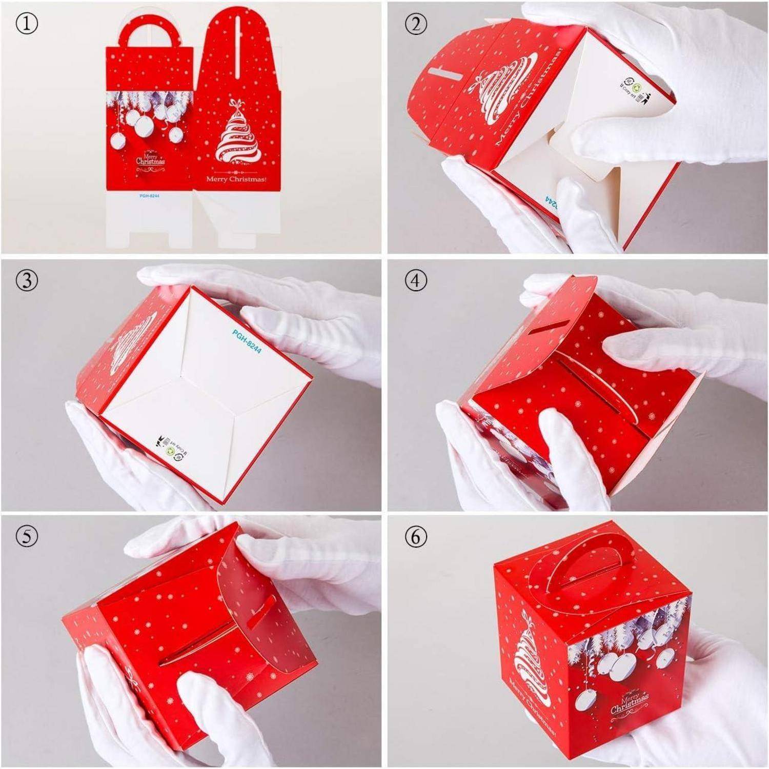 Schritt-für-Schritt-Anleitung zum Zusammenbau einer roten Weihnachtsgeschenkbox. Bilder zeigen das Falten und Befestigen von Laschen, was in einer würfelförmigen Box mit Griff resultiert.