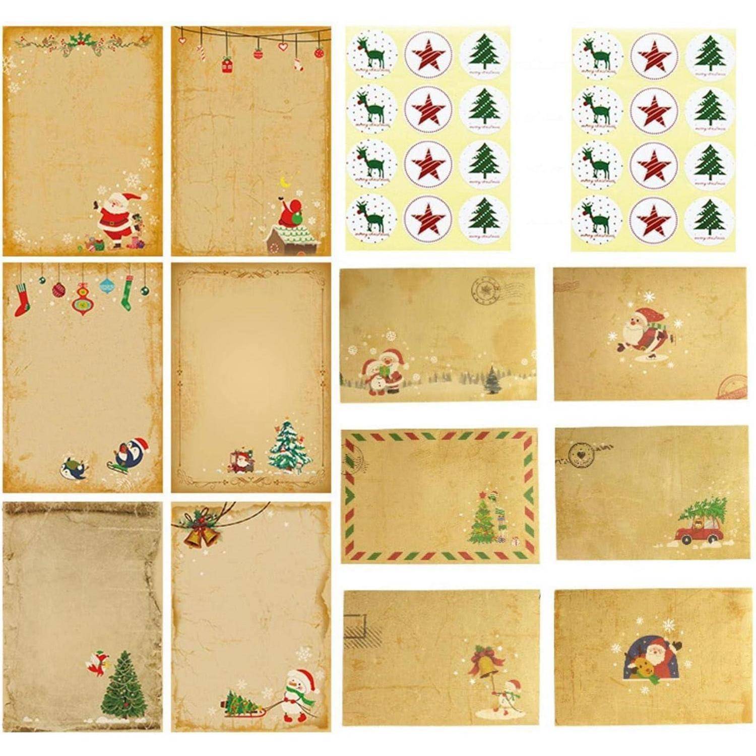 Weihnachtlich gestaltetes Schreibwarenset mit Vintage-Stil-Karten, Weihnachtsmann, Weihnachtsbäumen, Schneeflocken, Weihnachtssocken und dekorativen Stickern.