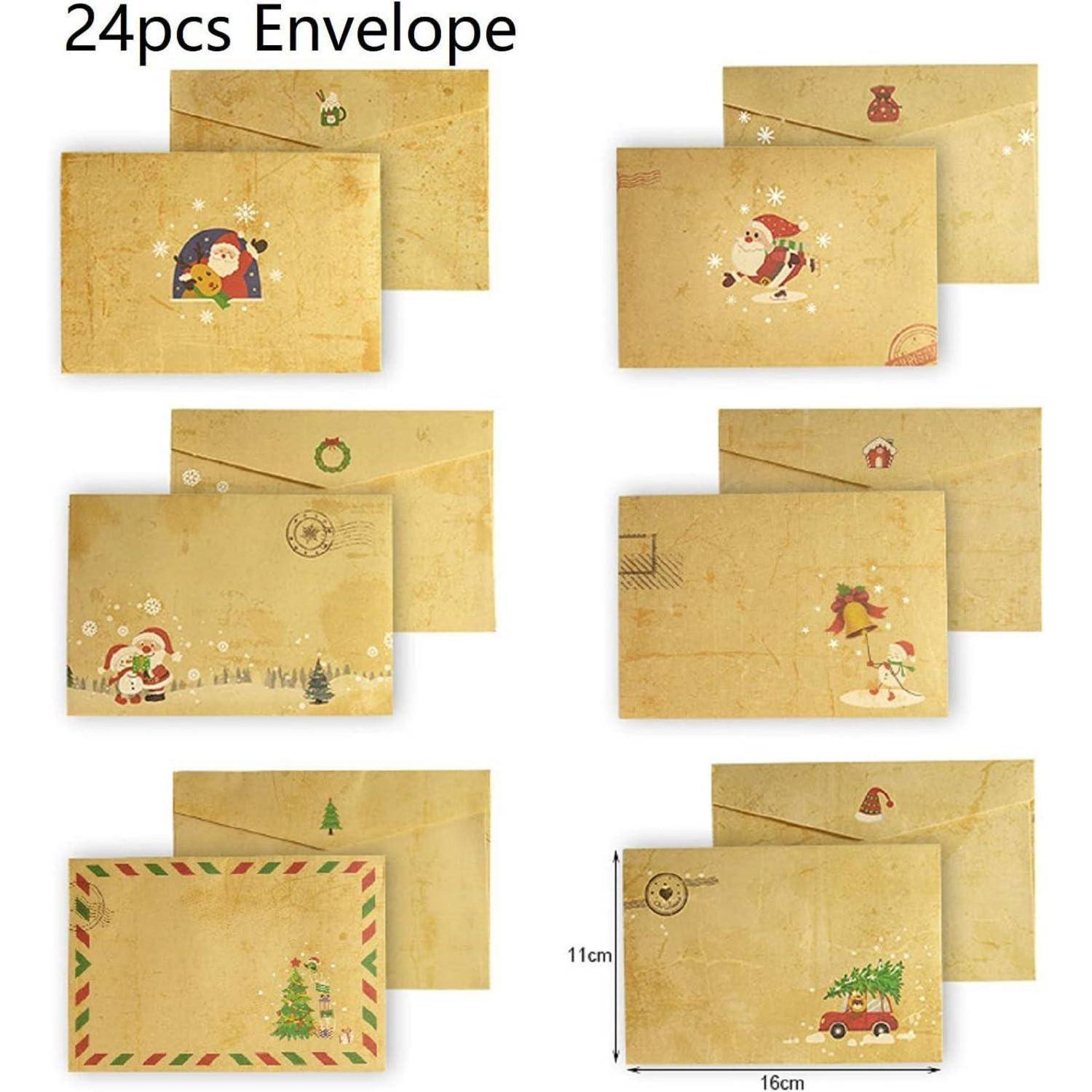 Set von 24 Vintage-Stil braunen Briefumschlägen mit verschiedenen weihnachtlichen Illustrationen, einschließlich Weihnachtsmann, Rentieren und Feiertagsdekorationen.