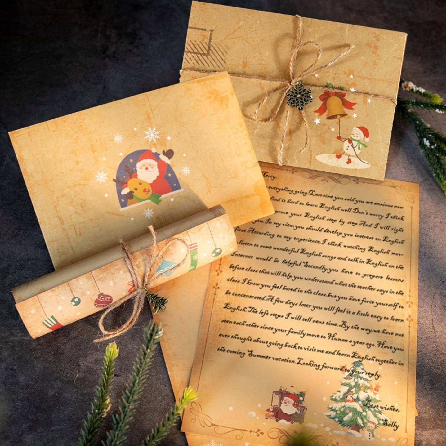 Festliche Feiertagsbriefpapier mit Weihnachtsmann-, Christbaumschmuck- und Baumillustrationen, mit Schnur gebunden, ruft eine warme, weihnachtliche Stimmung hervor.