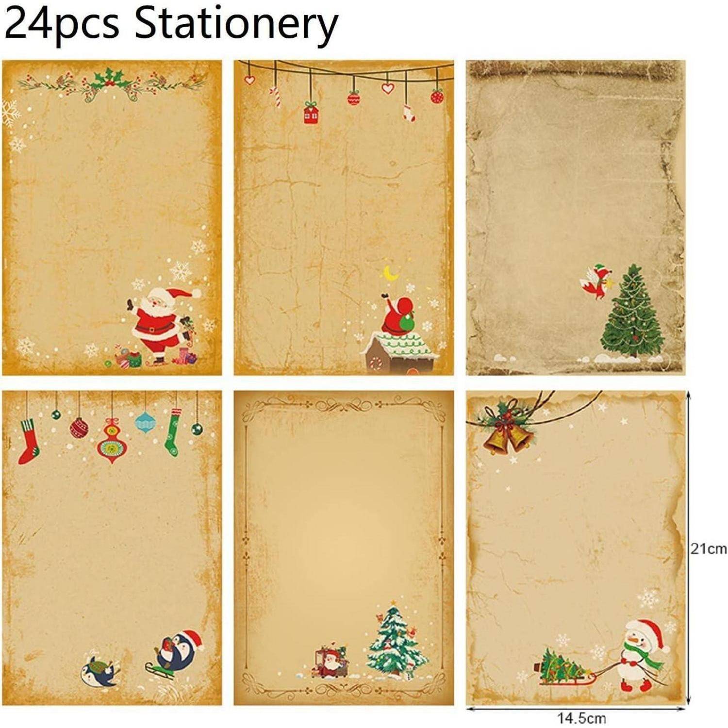 Sechs Vintage-Stil Briefpapier-Designs mit Weihnachtsmann, Weihnachtsbäumen, Christbaumkugeln und Schneeflocken; Abmessungen: 14,5 cm x 21 cm.