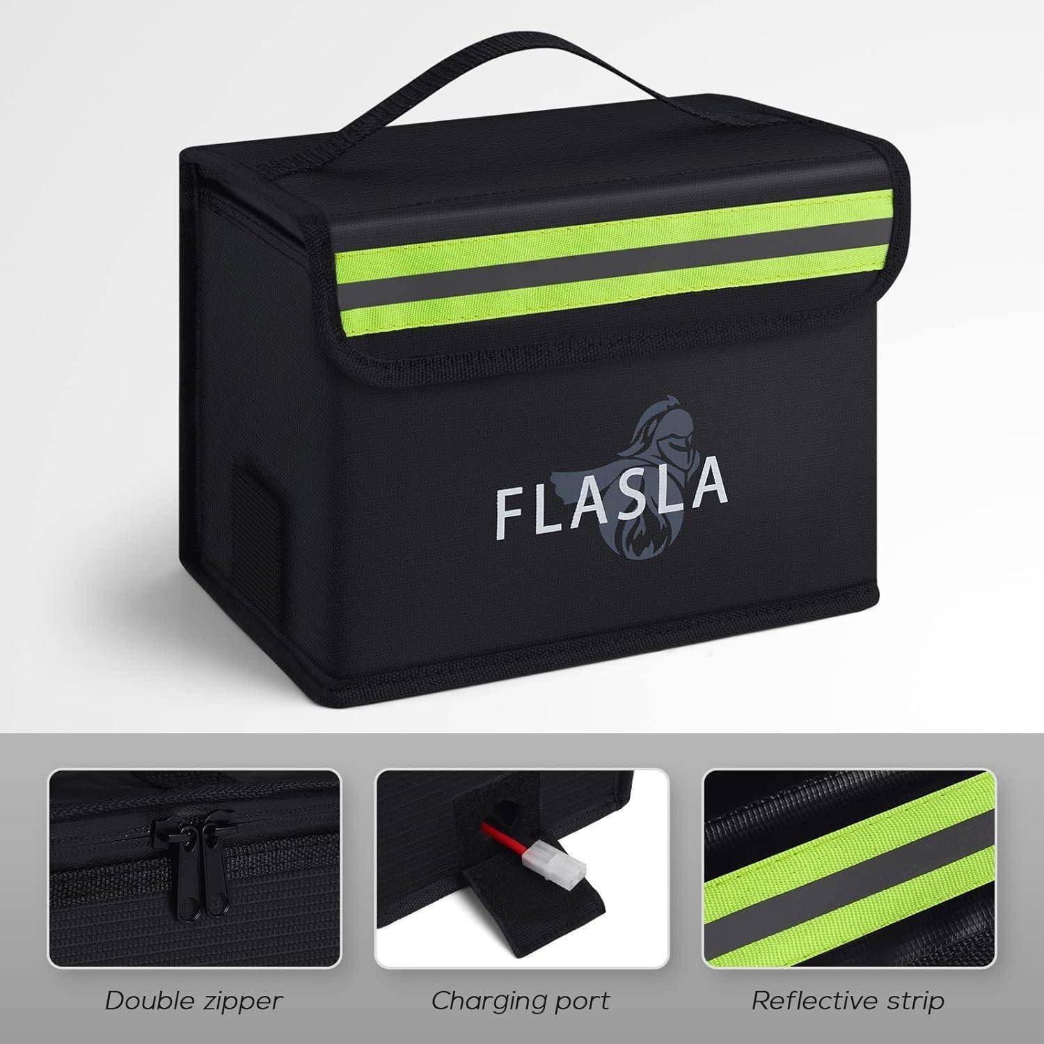 Schwarze Tragetasche mit 'FLASLA' Logo. Merkmale umfassen einen Doppelreißverschluss, einen Ladeanschluss und einen reflektierenden Streifen für Sichtbarkeit und Funktionalität.