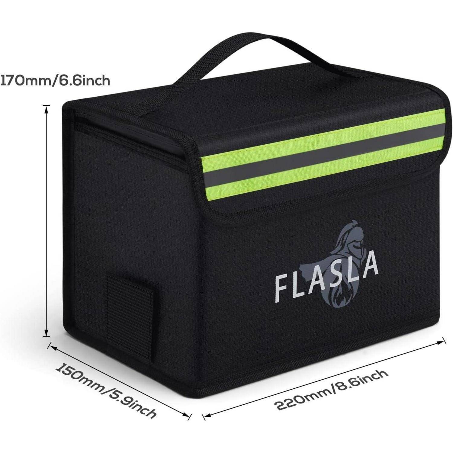 Eine schwarze isolierte Lunch-Tasche mit Griff, mit dem Aufdruck 'FLASLA' und den Maßen: 220 mm x 150 mm x 170 mm.