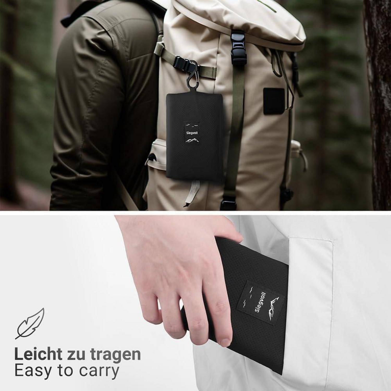 Das Bild zeigt eine Person, die einen Rucksack trägt und ein dünnes, rechteckiges elektronisches Gerät in der Hand hält, wobei der Schwerpunkt auf seinem schlanken und tragbaren Design liegt.