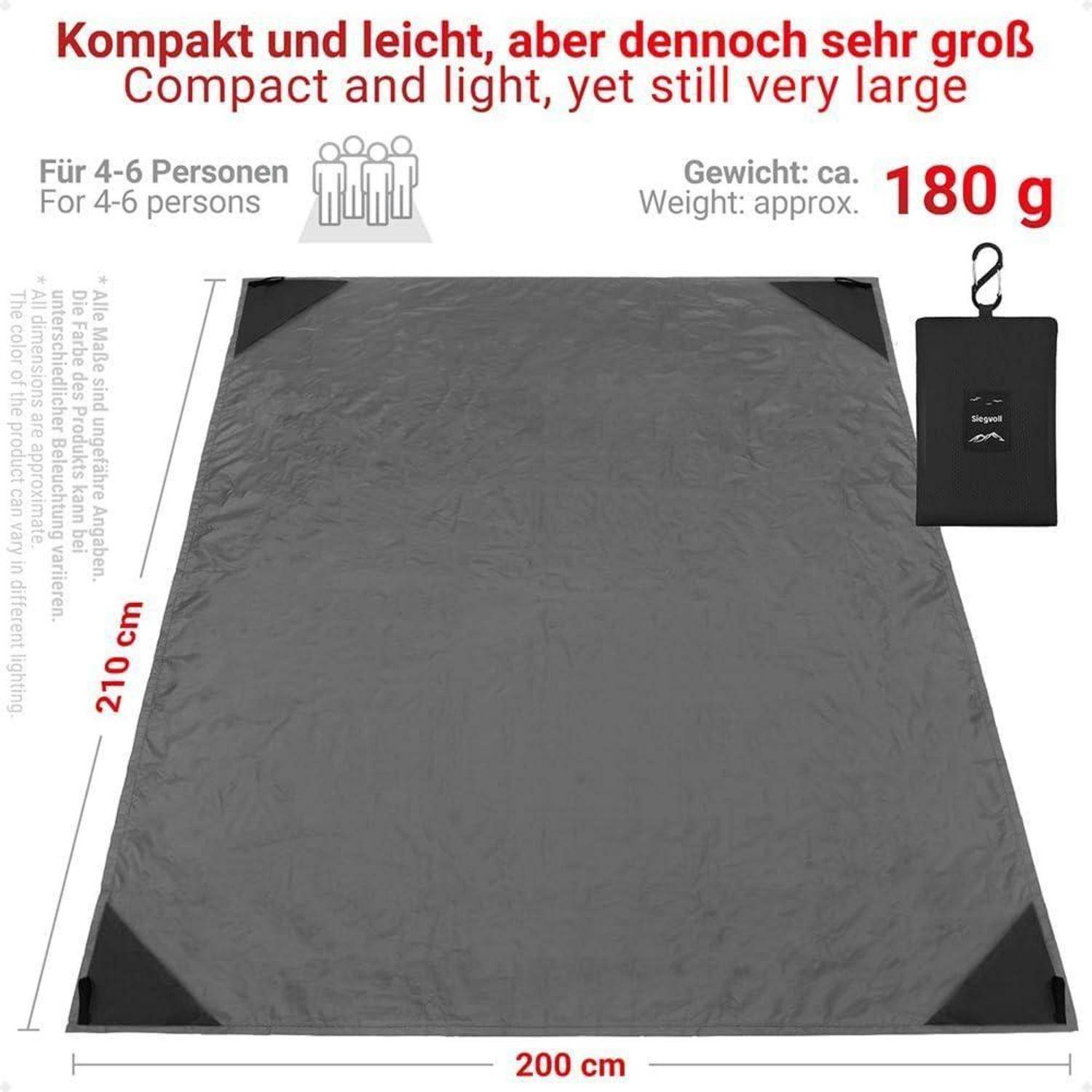 Eine kompakte und leichte Matte in Grau, 200x210 cm, für 4-6 Personen, mit einem Gewicht von ungefähr 180g, die Mobilität und große Fläche betont.