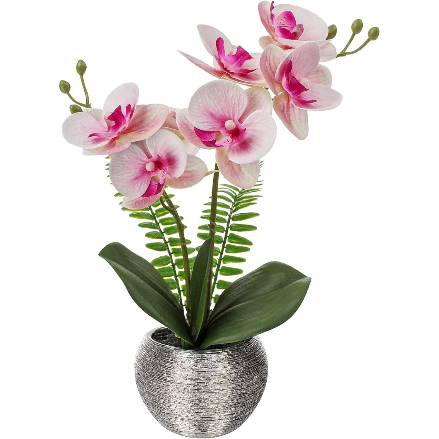 Kunstblume Orchidee Rosa Real-Touch im silbernen Keramiktopf 33cm