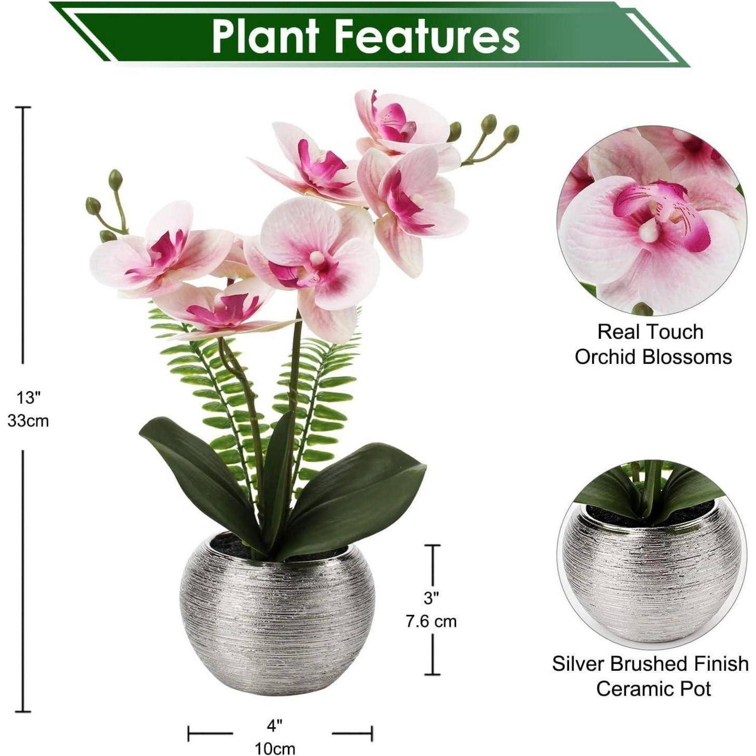 Kunstblume Orchidee Rosa Real-Touch im silbernen Keramiktopf 33cm
