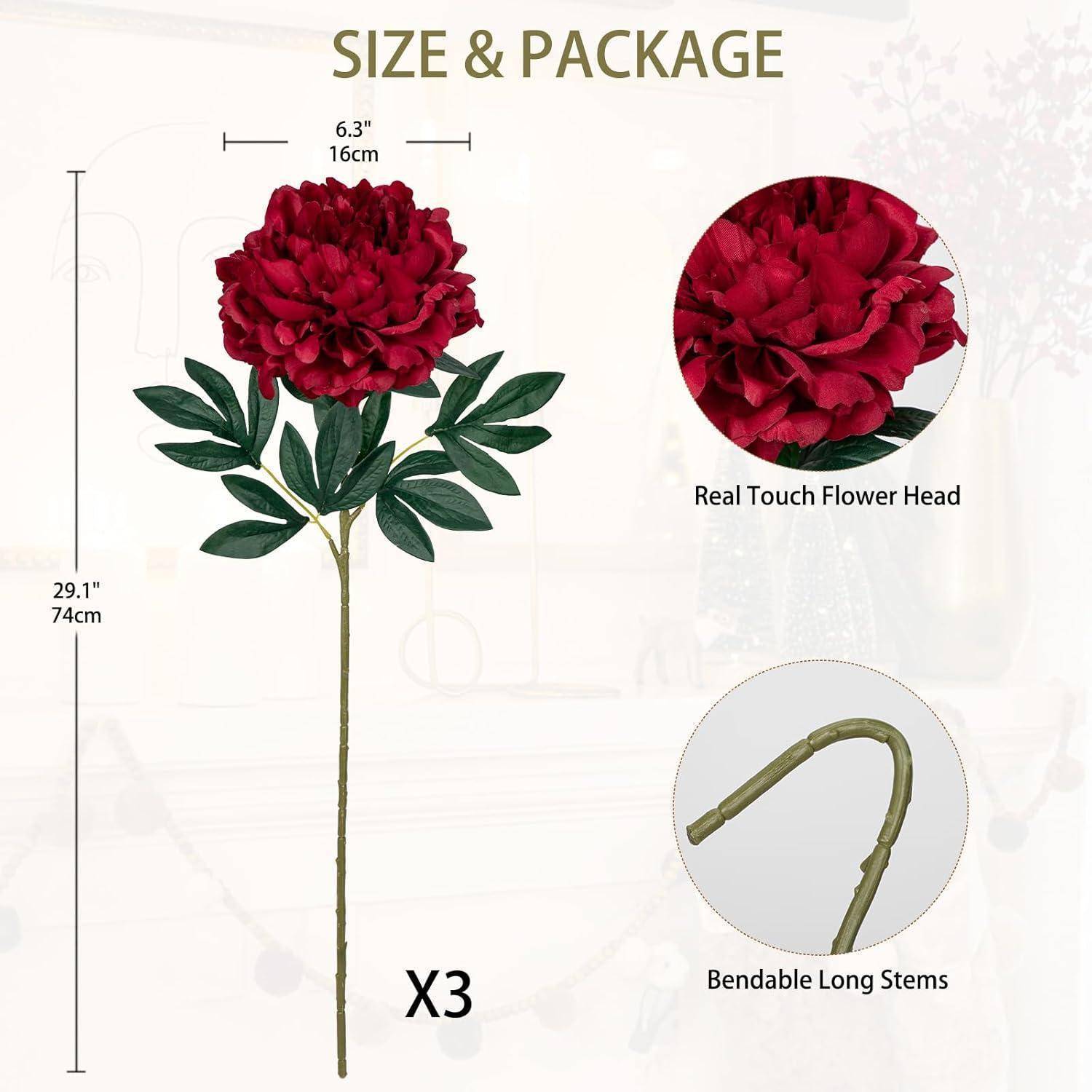 3er Set Künstliche Pfingstrosen Stiel 74cm, Rosen Pfingstrosen Bouquet