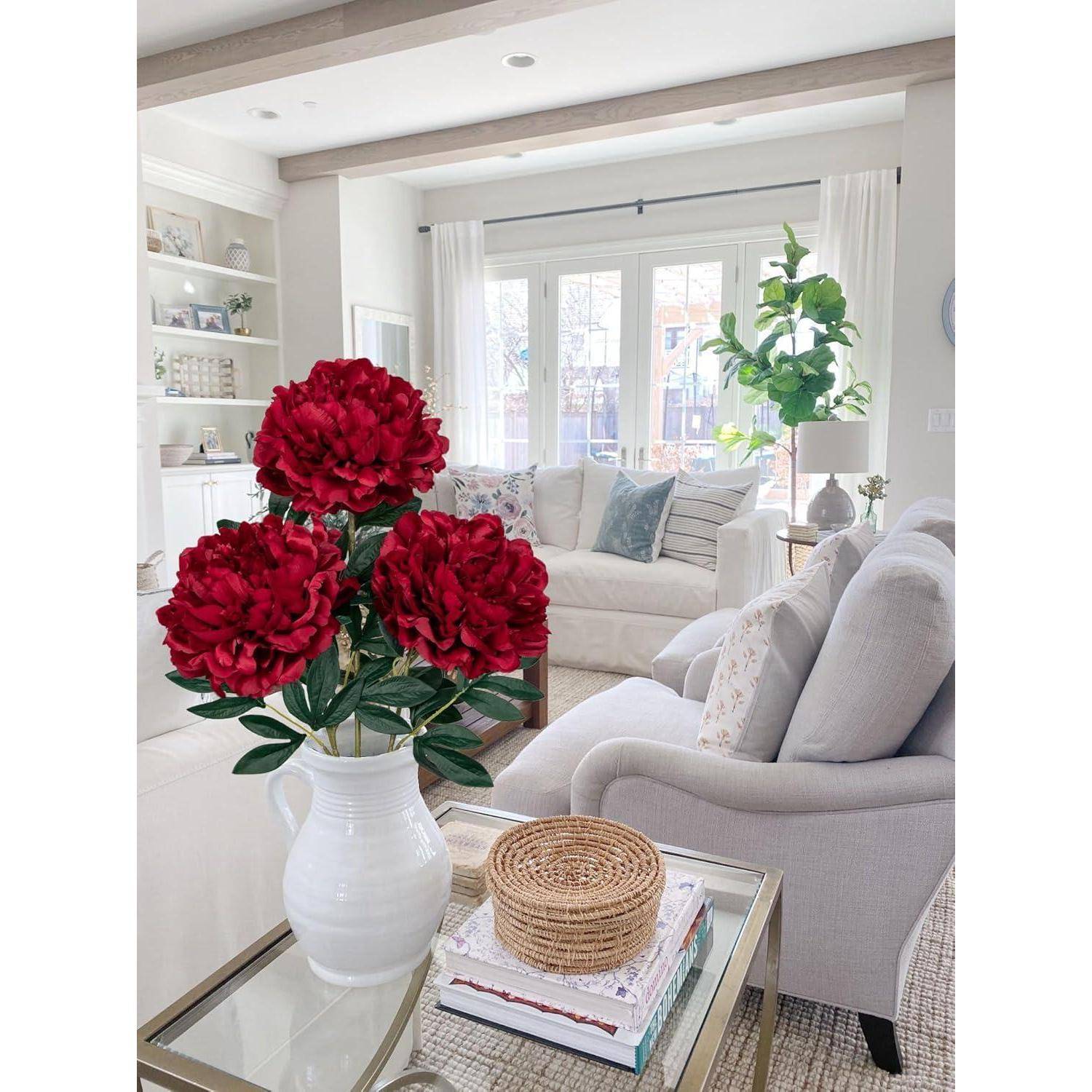 3er Set Künstliche Pfingstrosen Stiel 74cm, Rosen Pfingstrosen Bouquet
