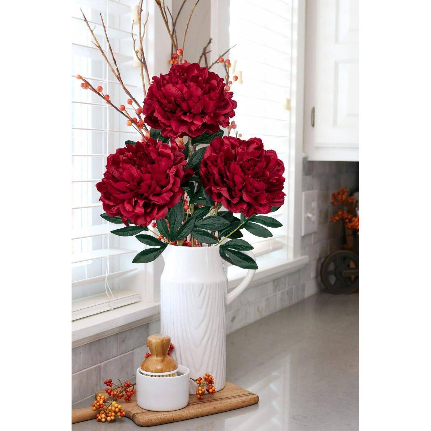 3er Set Künstliche Pfingstrosen Stiel 74cm, Rosen Pfingstrosen Bouquet