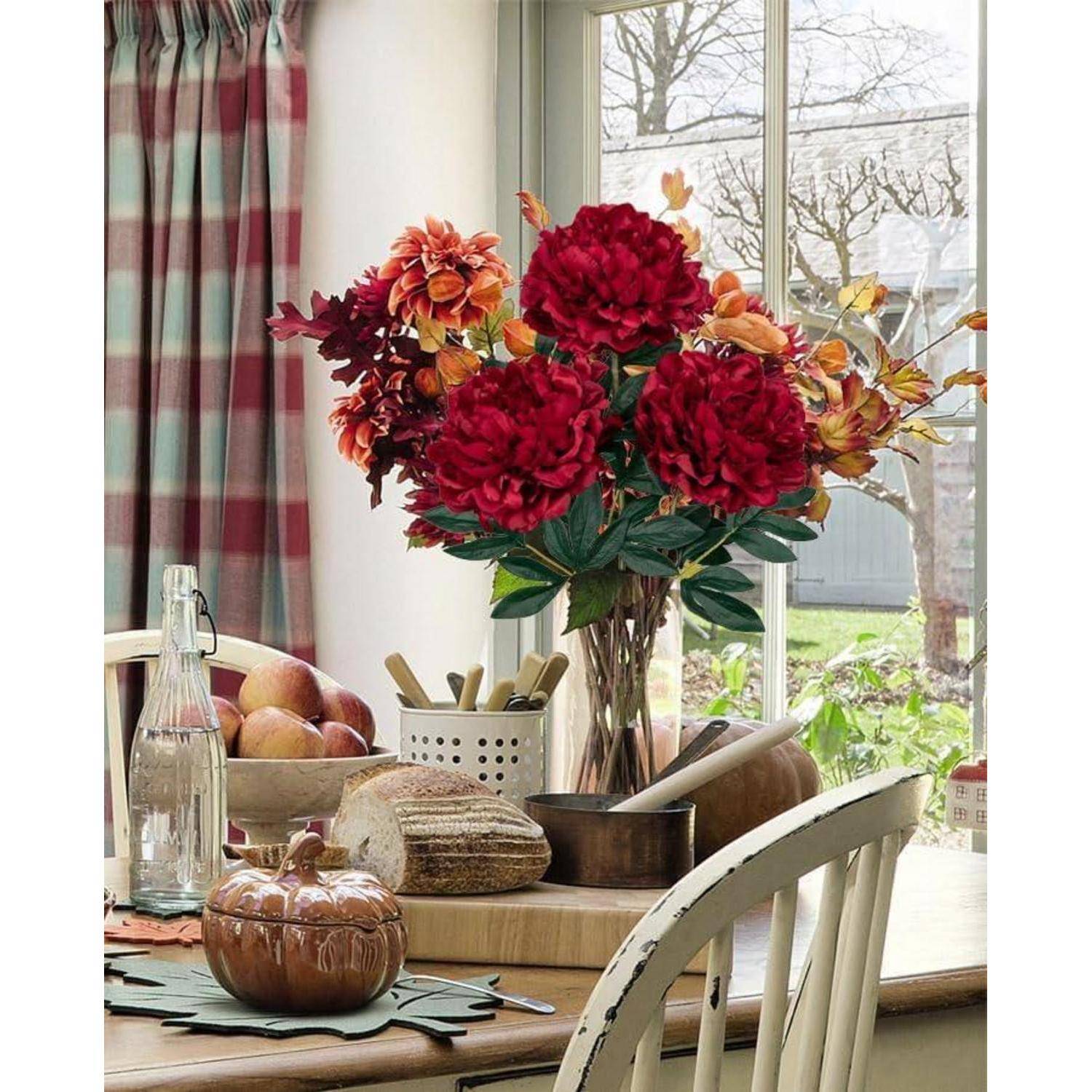 3er Set Künstliche Pfingstrosen Stiel 74cm, Rosen Pfingstrosen Bouquet