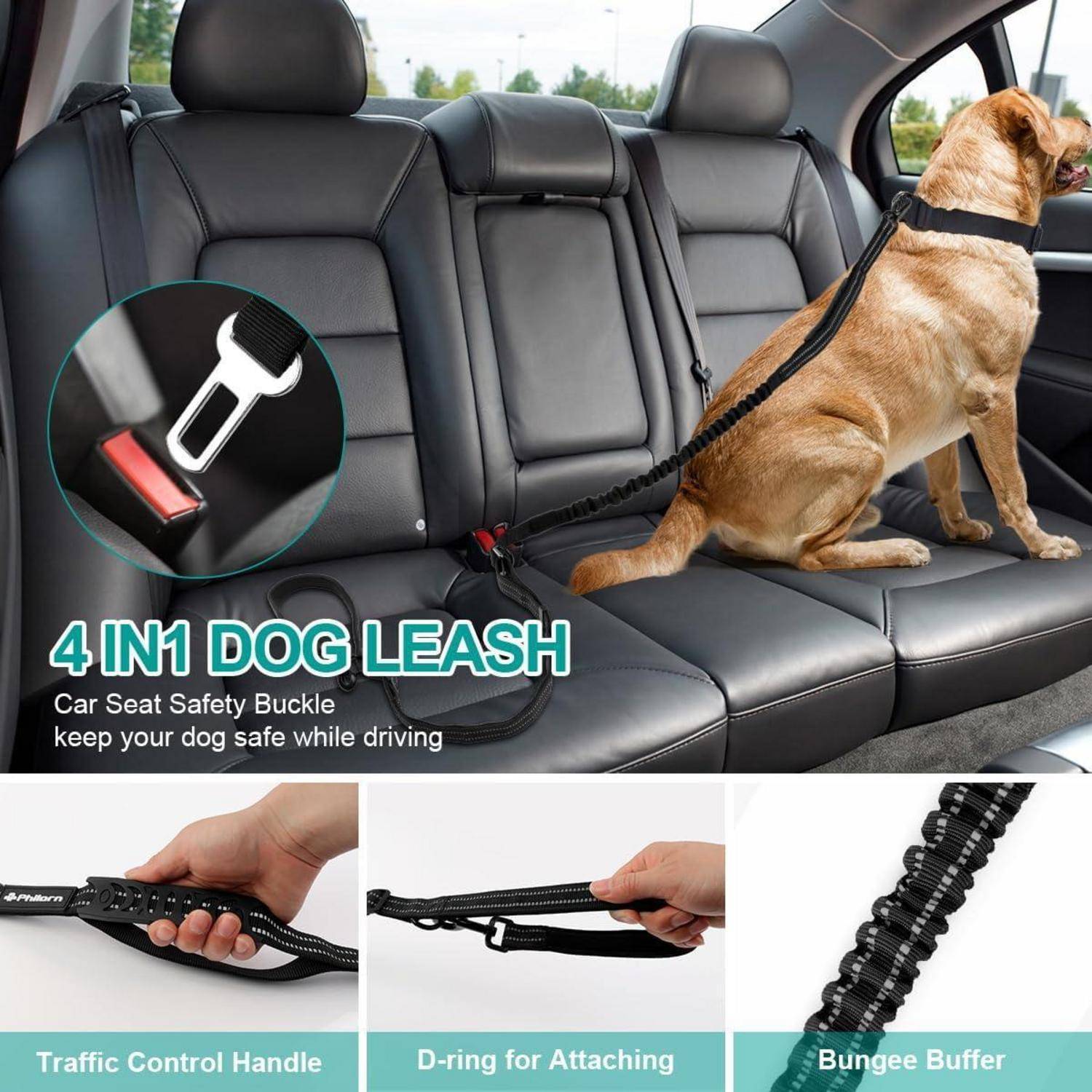 Hund sitzt auf dem Autositz mit einem Sicherheitsgurt, der am Geschirr befestigt ist. Text: 4-IN-1 HUNDELEINE. Bilder zeigen Funktionen: Griff, D-Ring, Federleine.