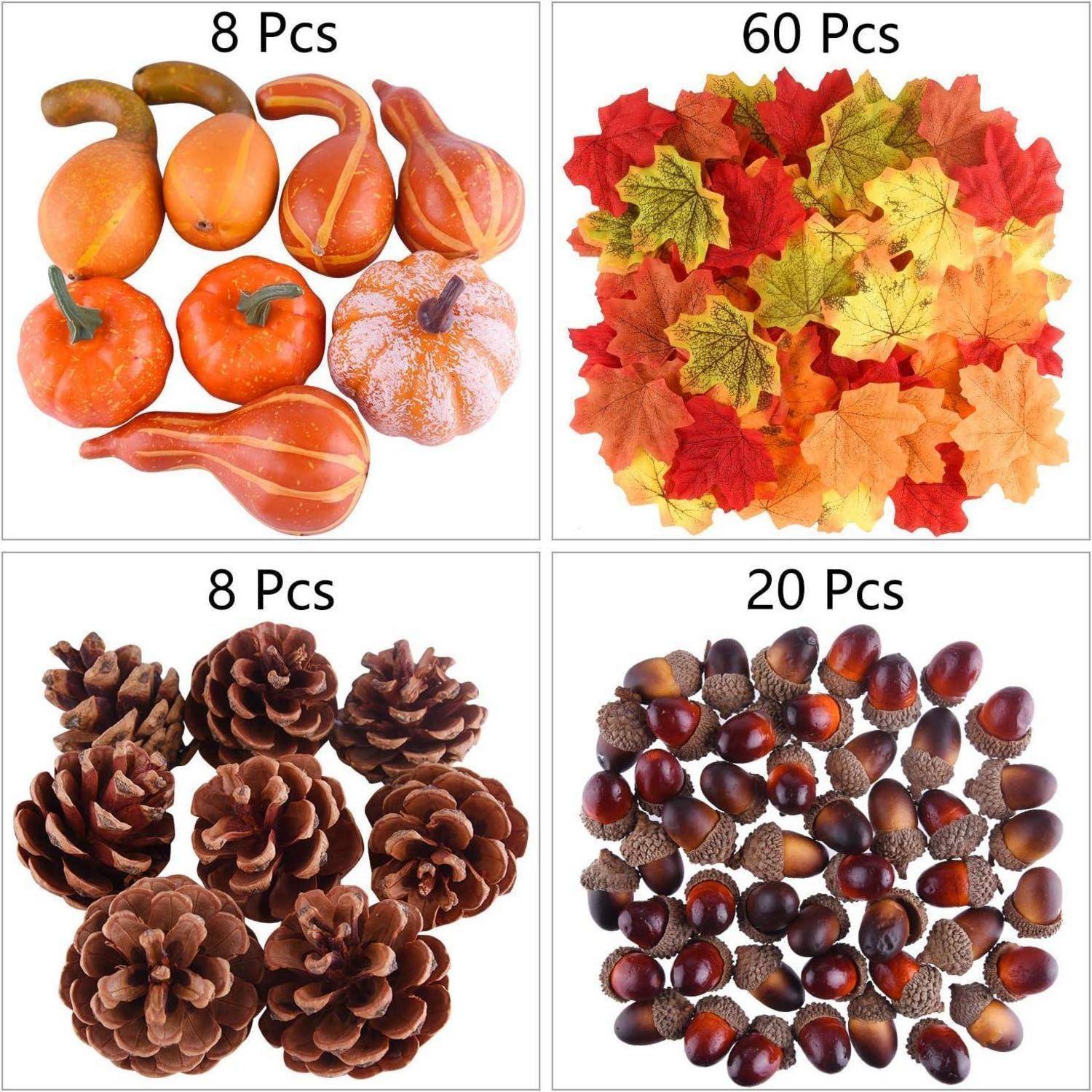 Vier Sets von herbstlichen Dekorationen: oben links 8 Kürbisse, oben rechts 60 Herbstblätter, unten links 8 Tannenzapfen, unten rechts 20 Eicheln.