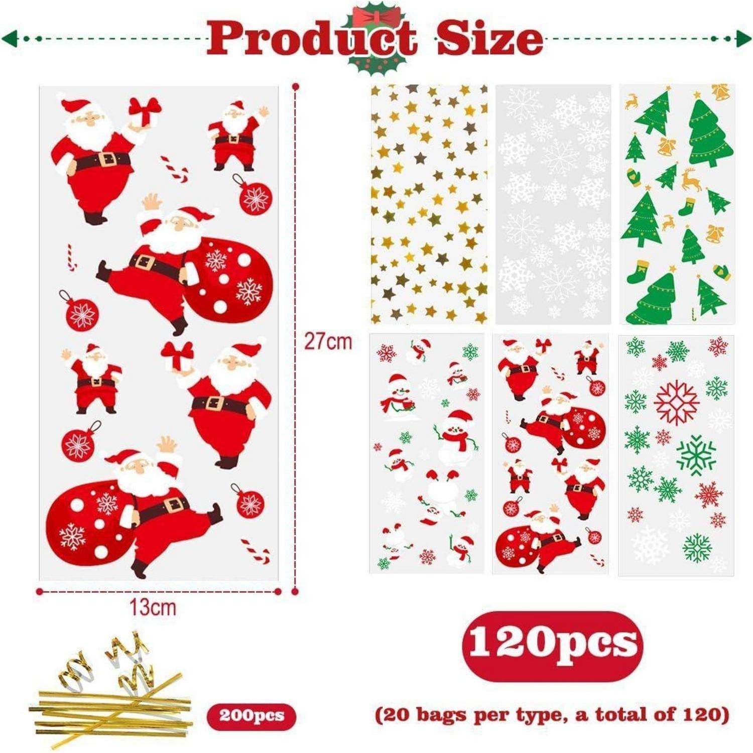 Produktgröße' Infografik, die sechs Blätter mit Feiertagsmotiv-Stickern zeigt. Enthält Weihnachtsmann, Schneeflocken, Bäume. Blattabmessungen: 13x27 cm. Umfasst insgesamt 120 Stück.