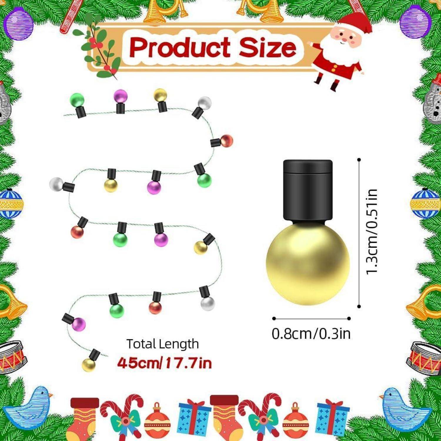 Weihnachtliche Illustration mit einer Lichterkette in verschiedenen Farben. Die Gesamtlänge beträgt 45 cm (17,7 Zoll), wobei jede Glühbirne eine Höhe von 1,3 cm (0,5 Zoll) und einen Durchmesser von 0,8 cm (0,3 Zoll) aufweist.