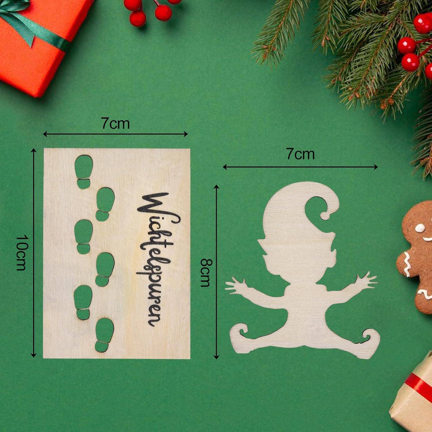 Elfenfußabdrücke-Schablone mit Maßen: 10 cm x 7 cm für Fußabdrücke, 8 cm x 7 cm Elfenform. Weihnachtsdekoration mit Geschenken und Grün.