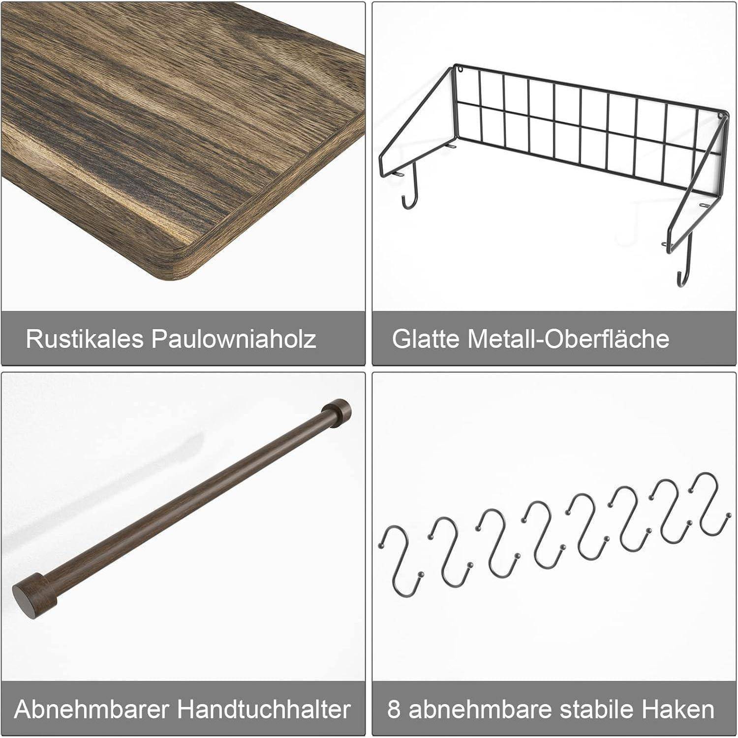 Rustikales Paulowniaholz', 'Glatte Metalloberfläche', 'Abnehmbarer Handtuchhalter', '8 abnehmbare stabile Haken'.