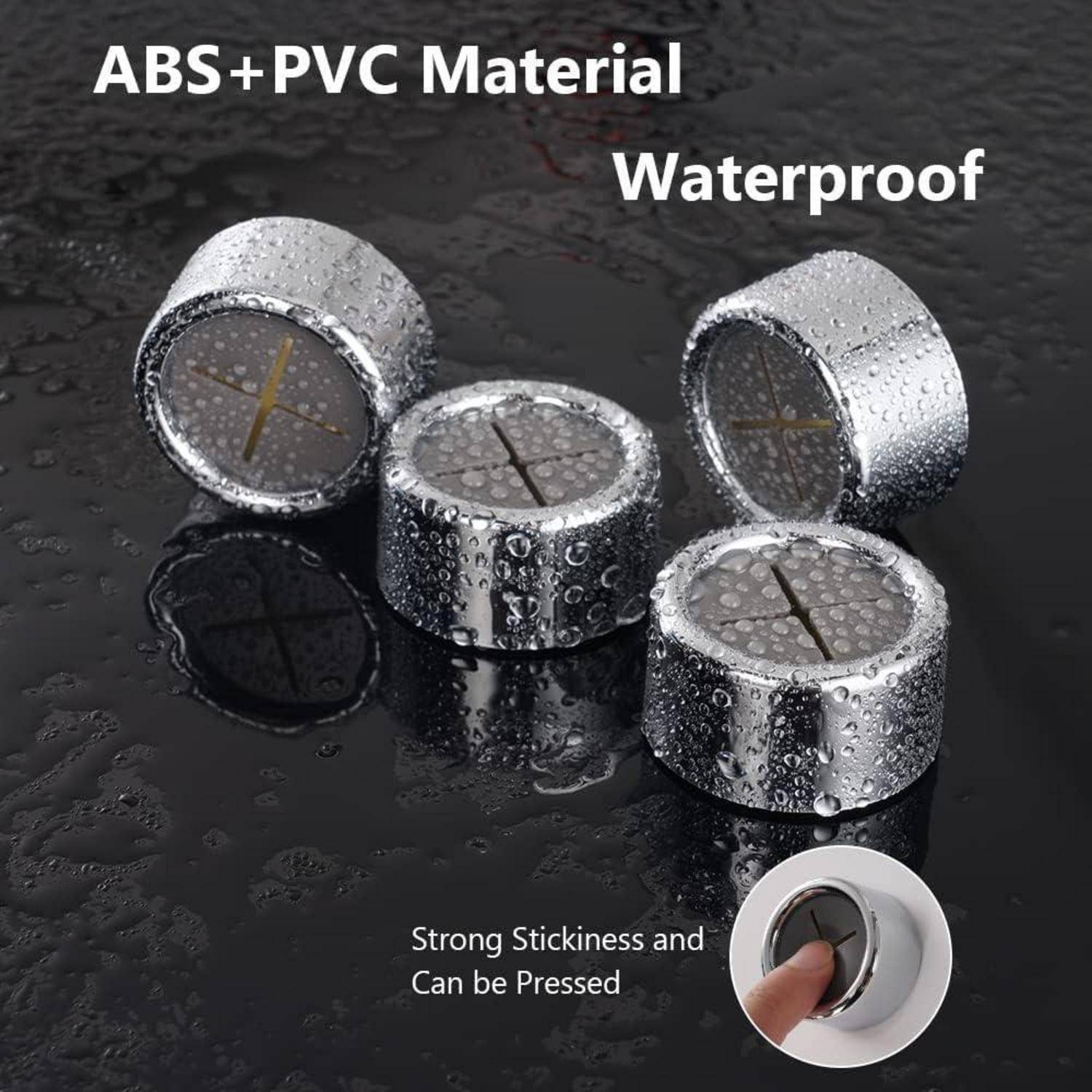 Vier silberne zylindrische wasserdichte Leuchten mit strukturierter Oberfläche, gekennzeichnet mit 'ABS+PVC Material'. Text besagt 'Starke Haftung und kann gedrückt werden'.