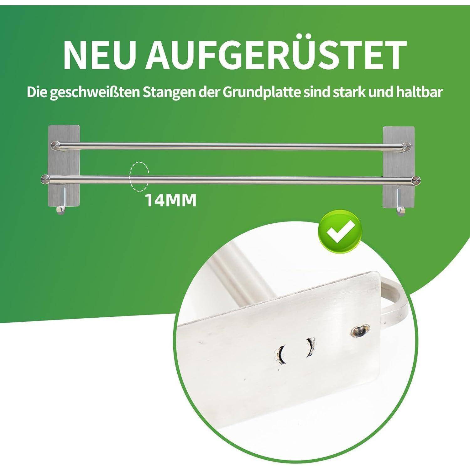 Stahlstangen mit 14 mm Durchmesser, präsentiert als langlebig und robust, mit geschweißten Platten, begleitet vom Text ‚NEU AUFGERÜSTET' in grüner Farbe.