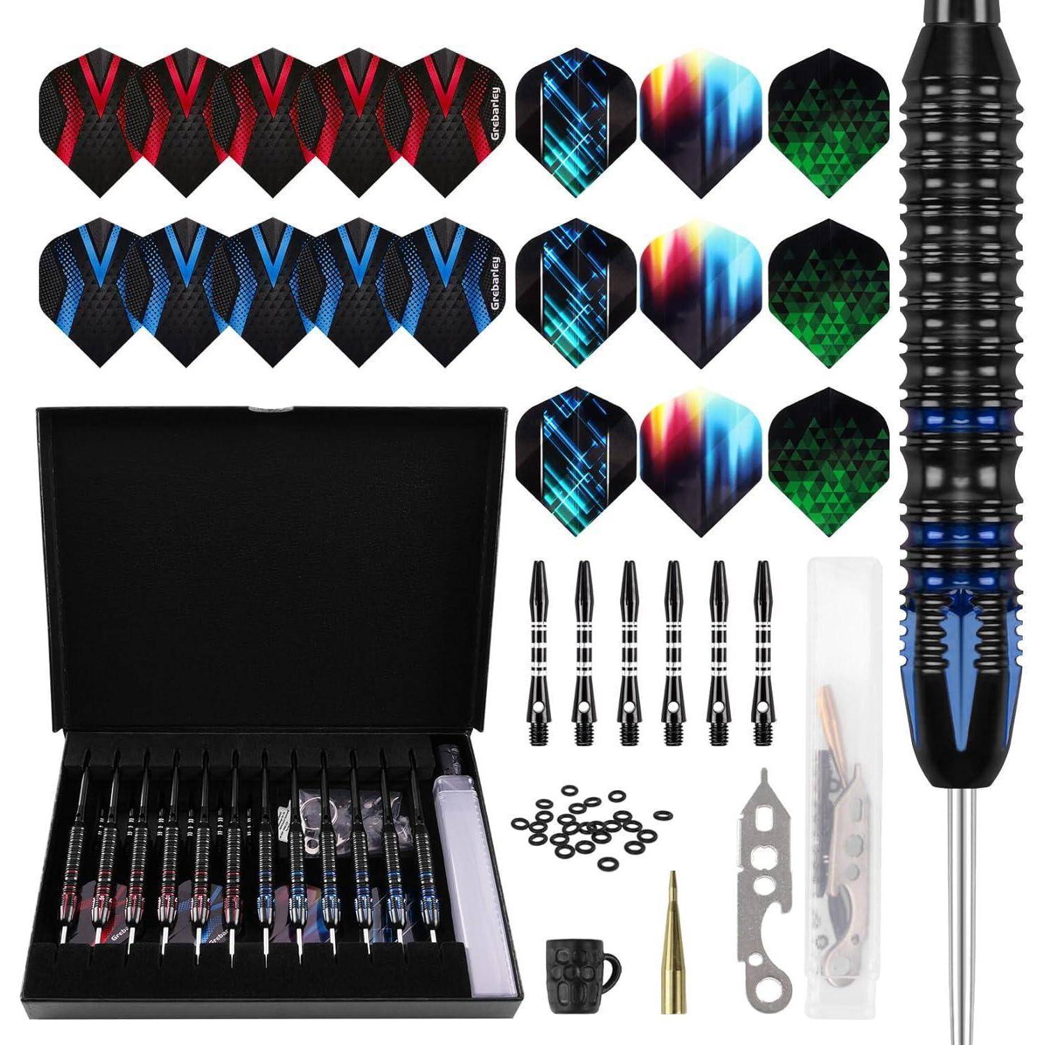 Ein Dartset mit verschiedenen Flugdesigns für Dartpfeile, einer Box mit montierten Dartpfeilen, zusätzlichen Dartspitzen, O-Ringen und einem Dartschlüssel.