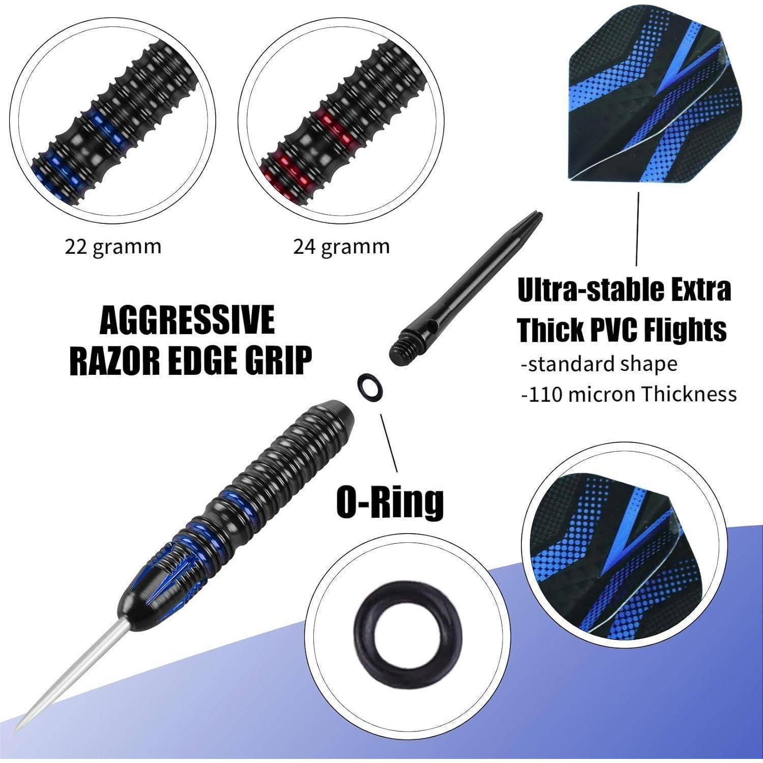 Dart-Set mit aggressivem Messer-Schräggriff, Gewichten von 22g und 24g, extrem stabilen, extra dicken PVC-Flights und O-Ringen.