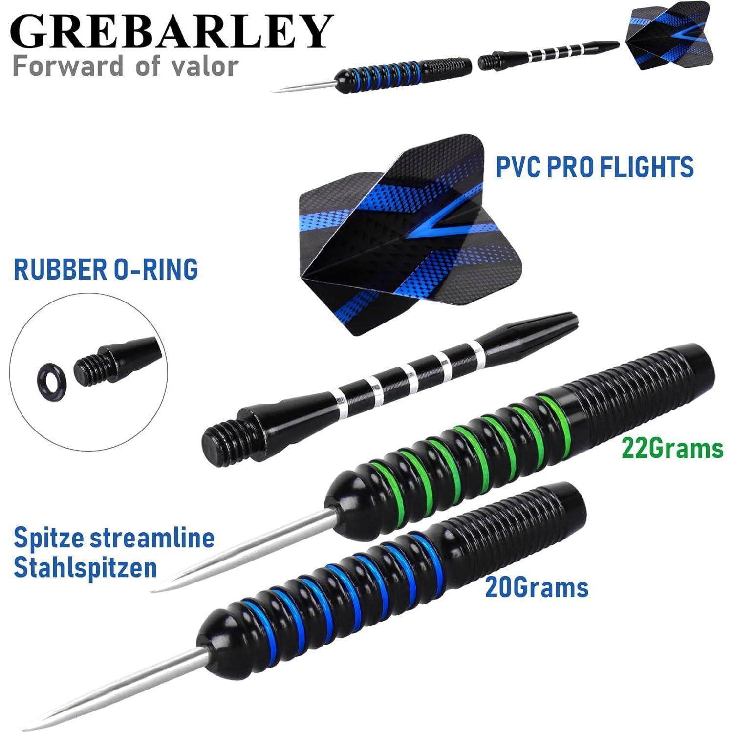 GREBARLEY Vorwärts des Mutes' Dartset mit zwei Modellen: 20 Gramm und 22 Gramm, ausgestattet mit PVC-Profi-Flights und Gummiring.