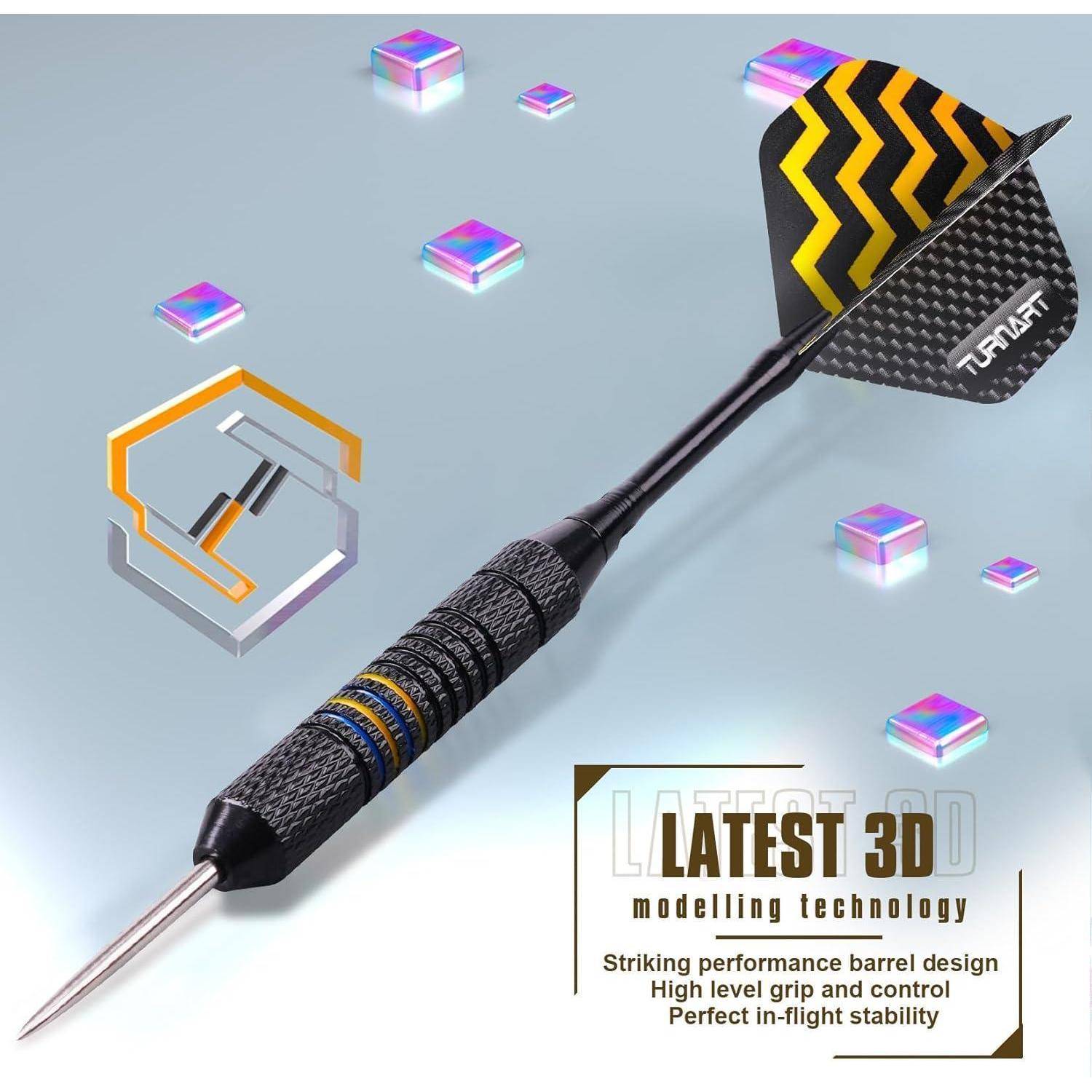 Ein schlanker Pfeil mit Carbondesign und gelbem Zickzackmuster fliegt durch verstreute 3D-Prismen. Der Text lautet: „Neueste 3D-Modellierungstechnologie.