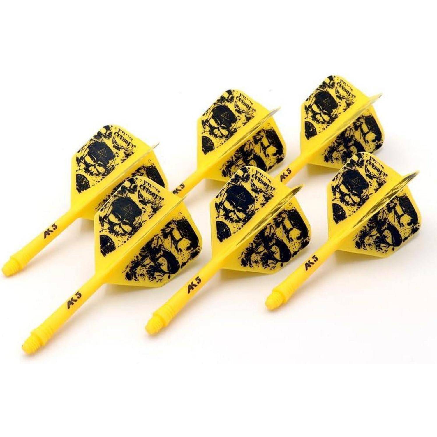 Sechs gelbe Pfeile mit schwarzen Designs auf den Flügeln, in zwei Reihen angeordnet, die ihre farbenfrohen und dekorativen Muster zur Schau stellen.