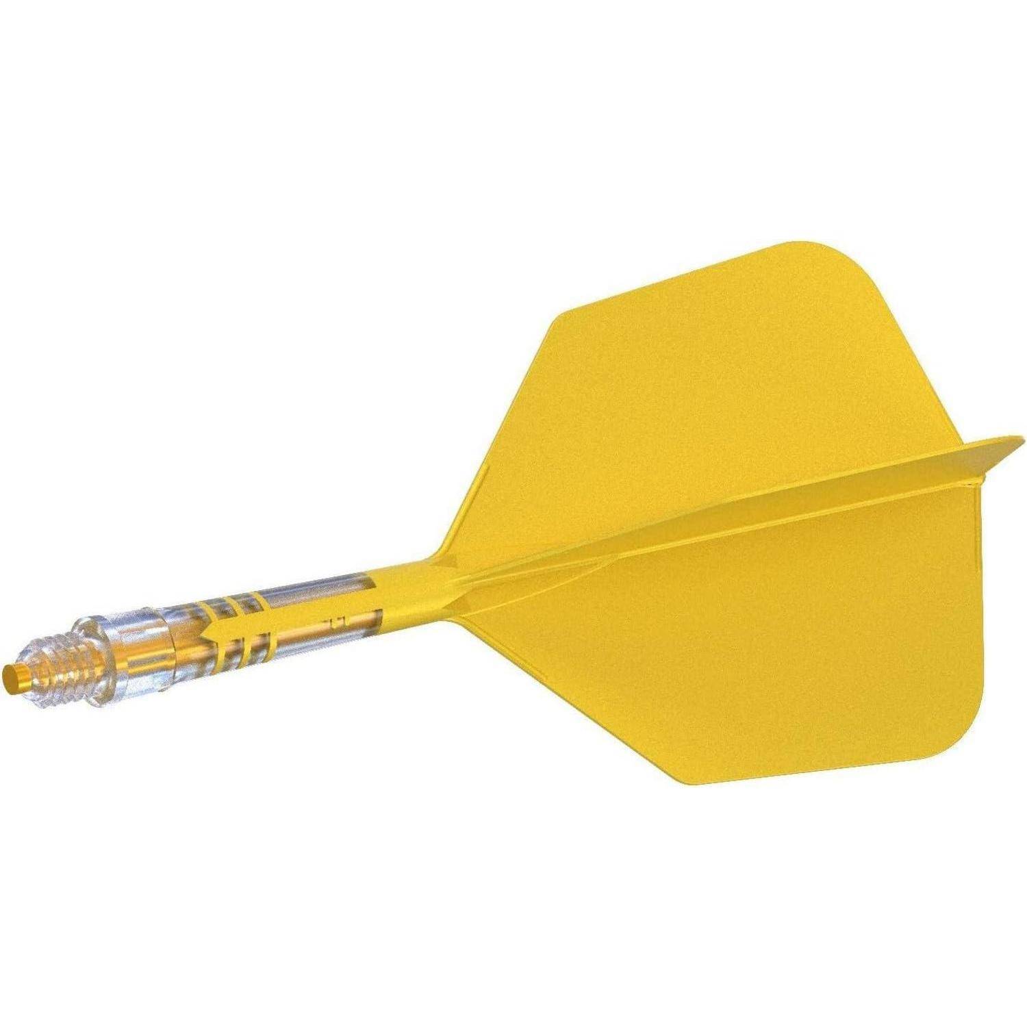 Ein gelber Pfeil mit einem durchsichtigen Schaft und gelben Flügeln, der üblicherweise in Dartspielen verwendet wird.