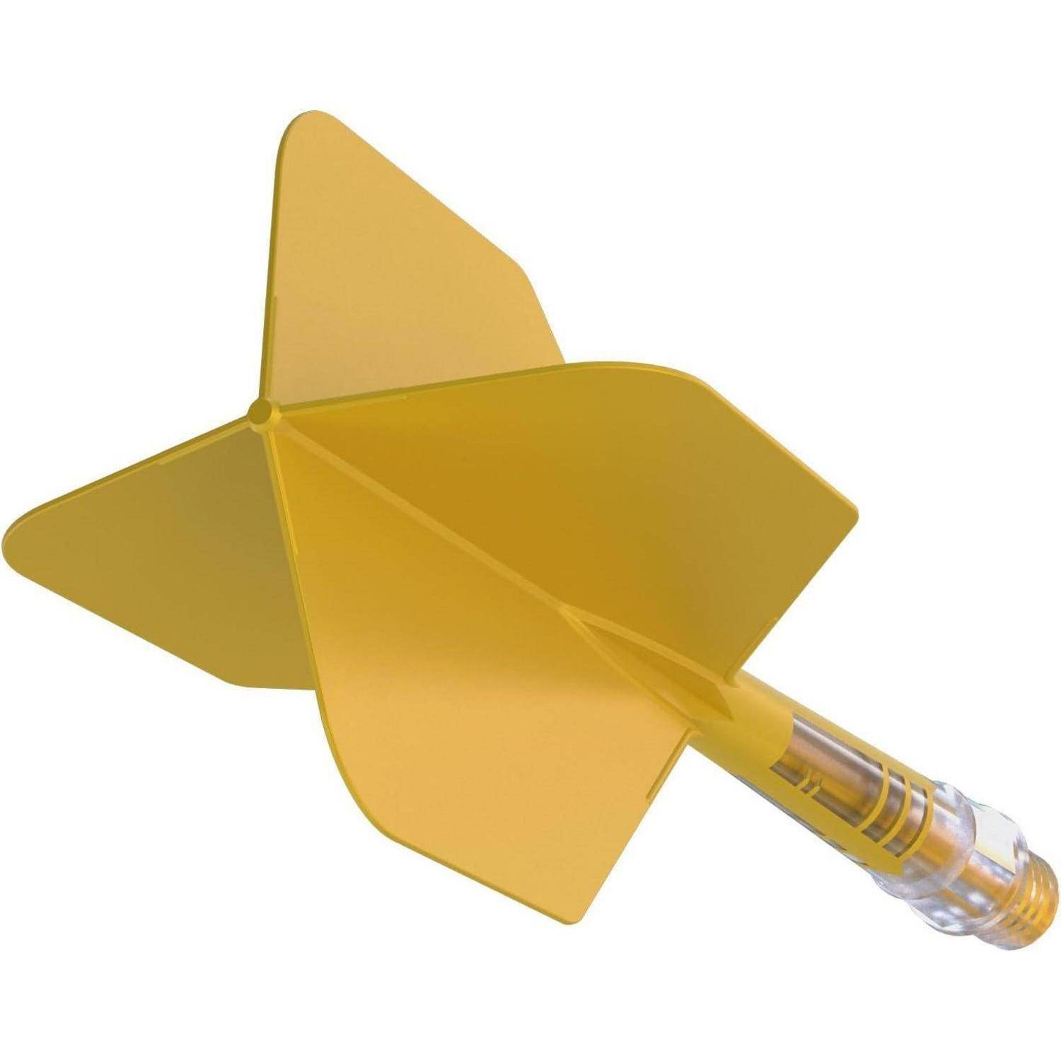 Ein gelber Plastikpfeil mit transparenter Spitze, ausgestattet mit einem Vier-Flossen-Design für Stabilität, typischerweise in Dartspielen zur Verbesserung der Präzision verwendet.