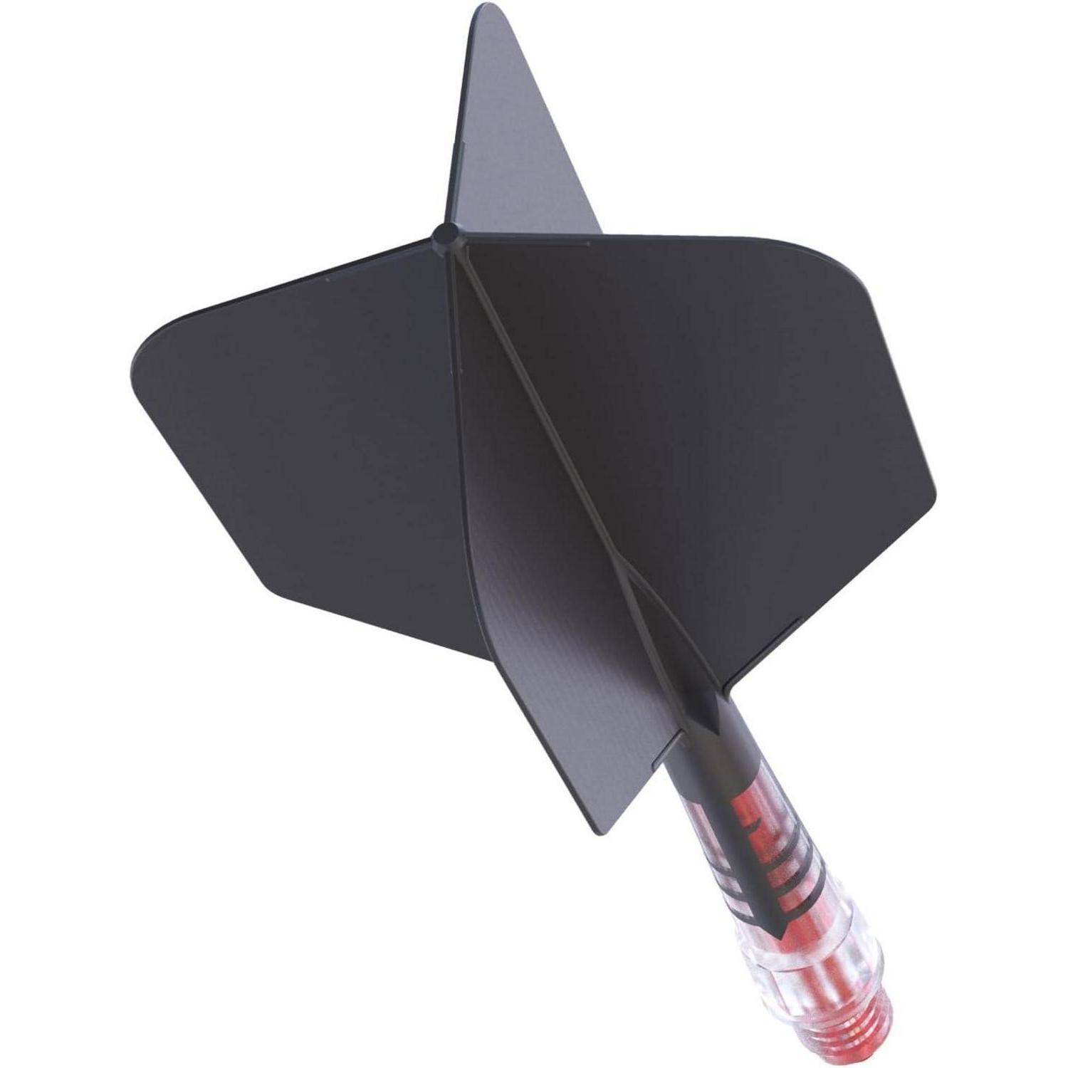 Eine Nahaufnahme eines schwarzen Dartflights mit sichtbarem rotem Metallschaft, der die aerodynamische Gestaltung und verwendete Materialien hervorhebt.